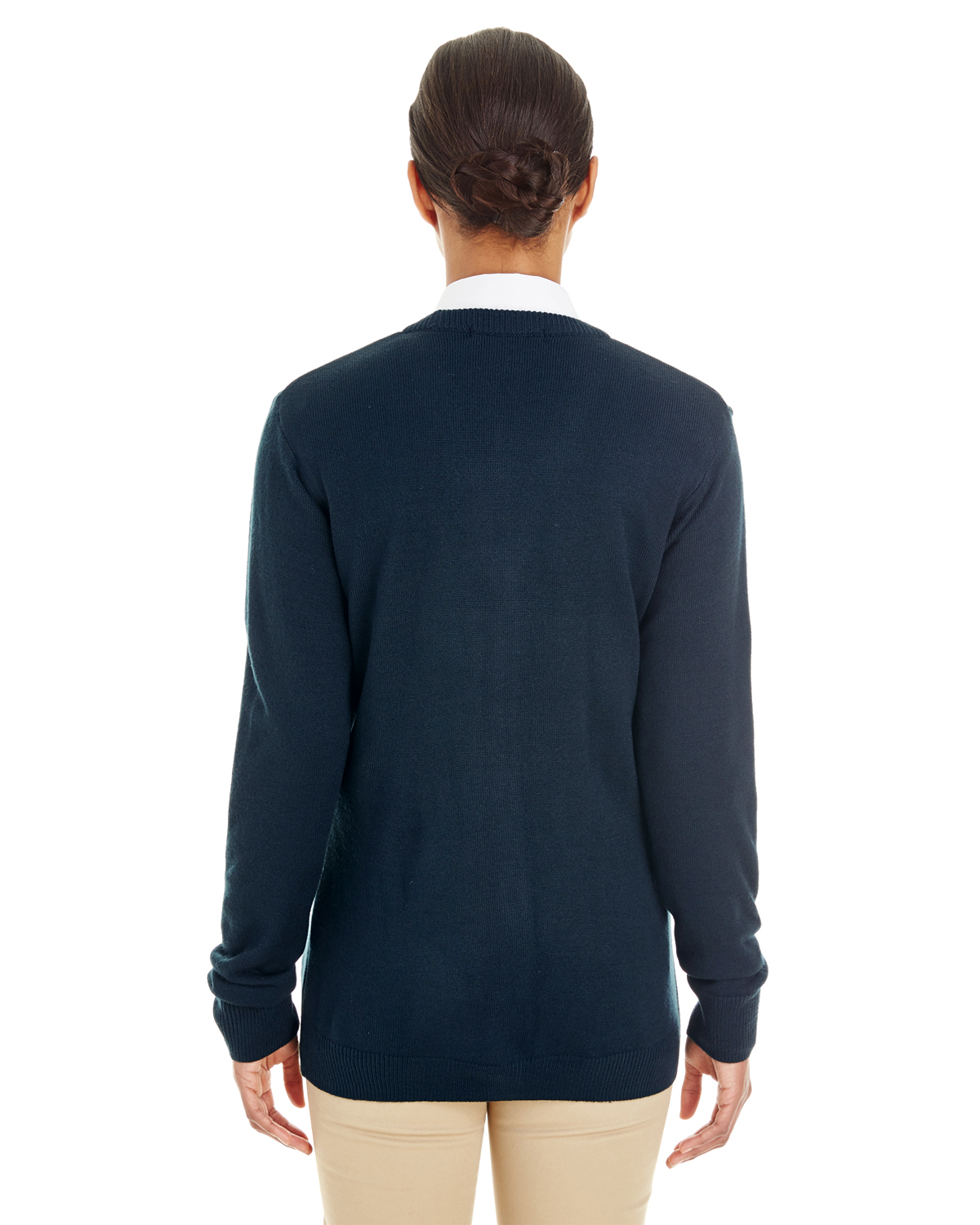 Am image of a Custom Harriton Ladies' Pilbloc™ V Neck Button Cardigan Sweater in Dark Navy!