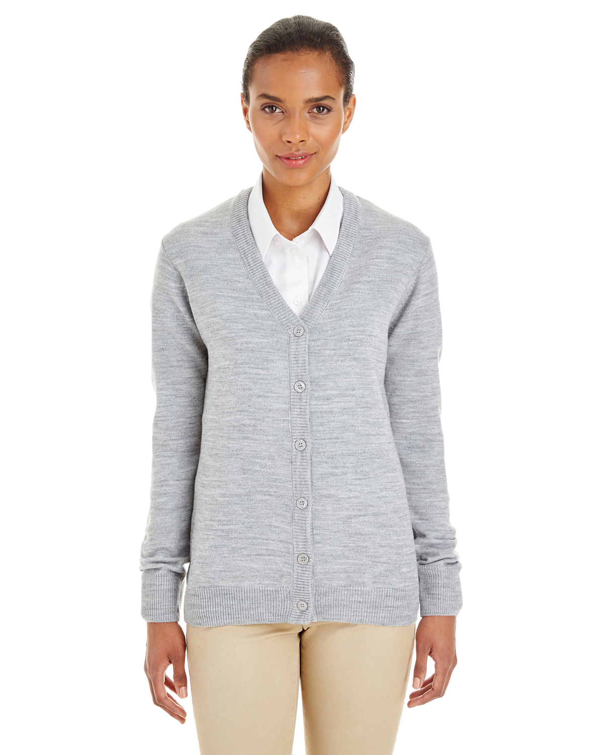Harriton Ladies' Pilbloc™ V Neck Button Cardigan Sweater in Grey Heather
