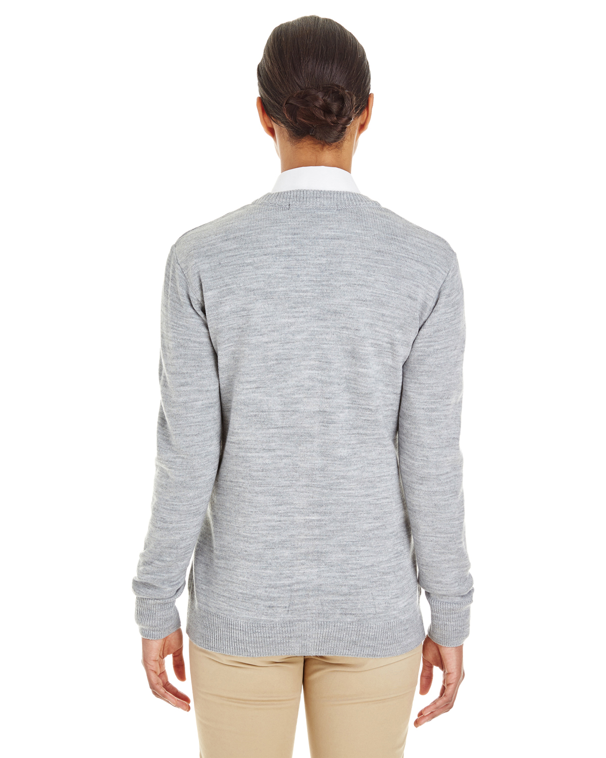 Am image of a Custom Harriton Ladies' Pilbloc™ V Neck Button Cardigan Sweater in Grey Heather!