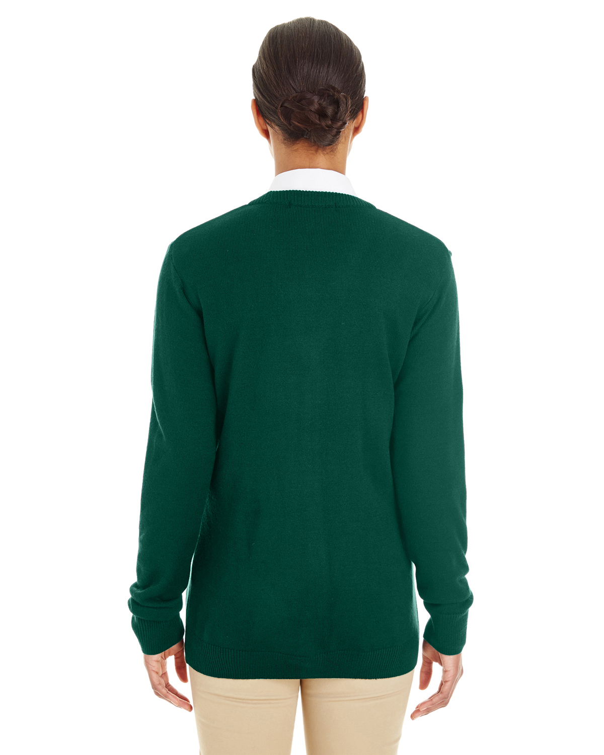 Am image of a Custom Harriton Ladies' Pilbloc™ V Neck Button Cardigan Sweater in Hunter!