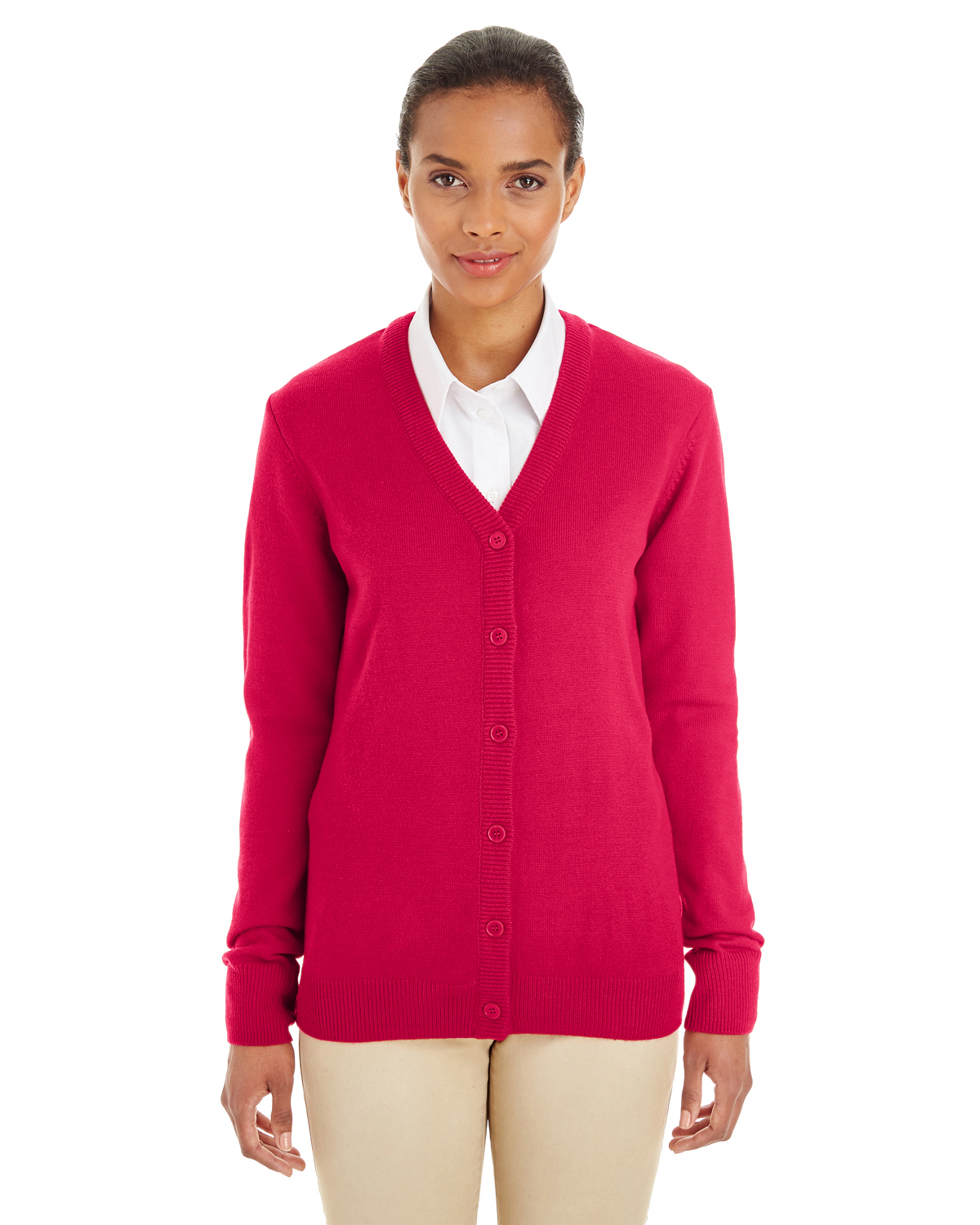 Harriton Ladies' Pilbloc™ V Neck Button Cardigan Sweater in Red