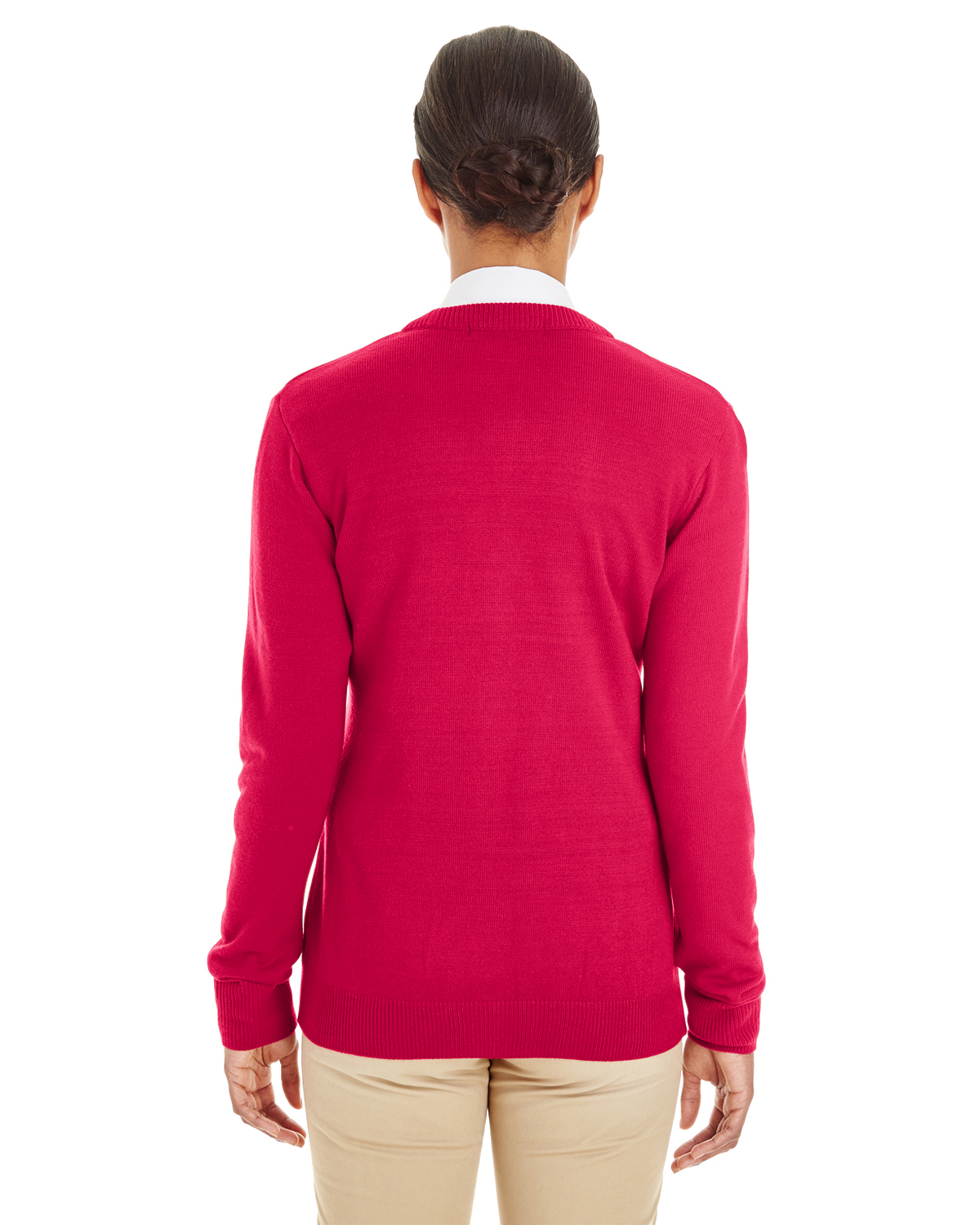 Am image of a Custom Harriton Ladies' Pilbloc™ V Neck Button Cardigan Sweater in Red!