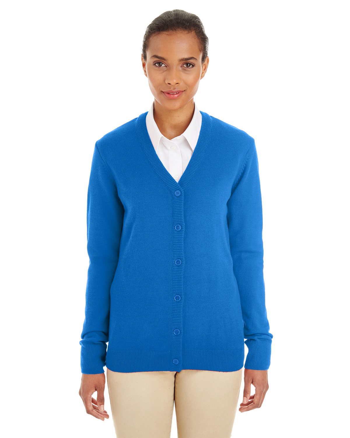 Am image of a Custom Harriton Ladies' Pilbloc™ V Neck Button Cardigan Sweater in True Royal!