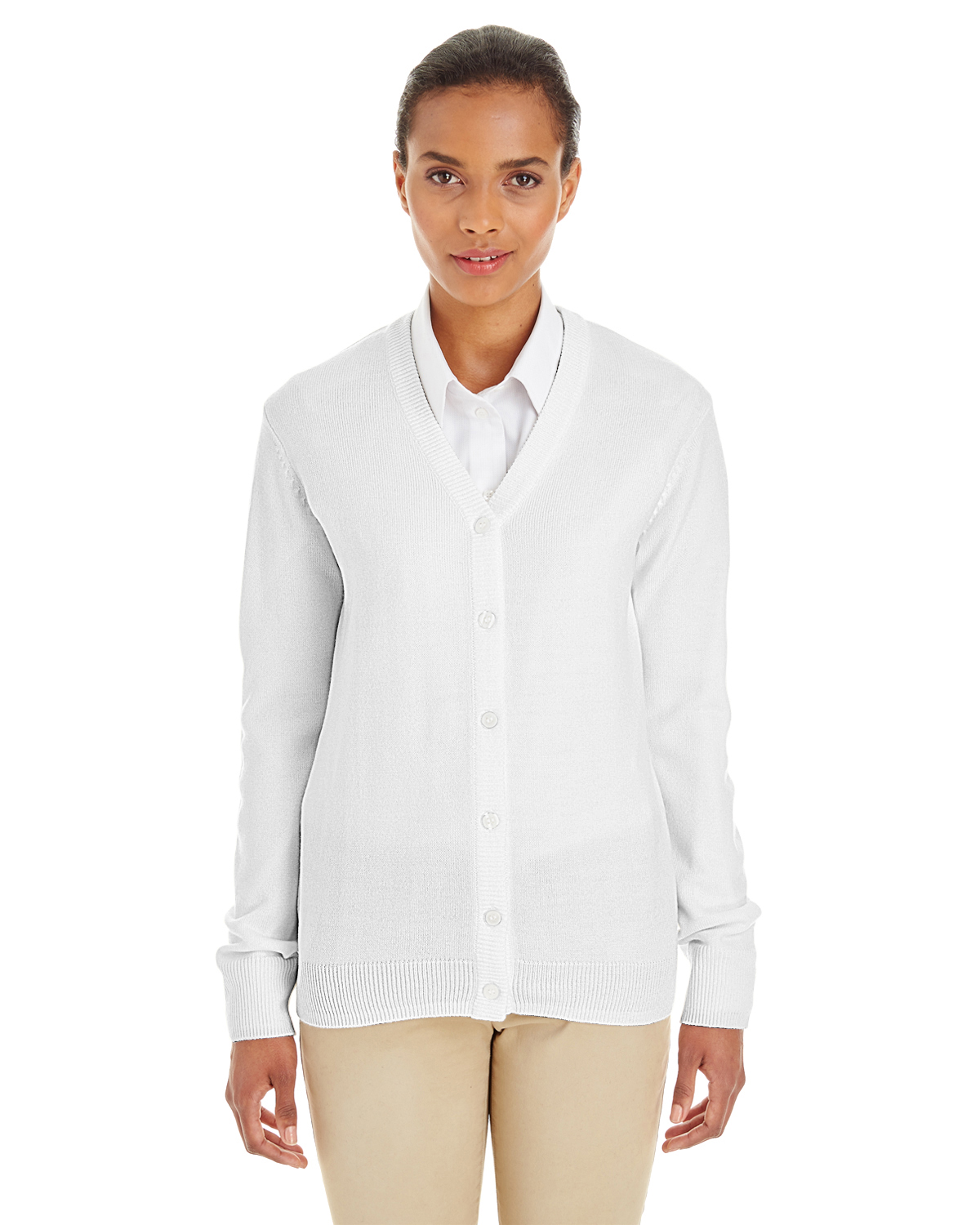 Harriton Ladies' Pilbloc™ V Neck Button Cardigan Sweater in White