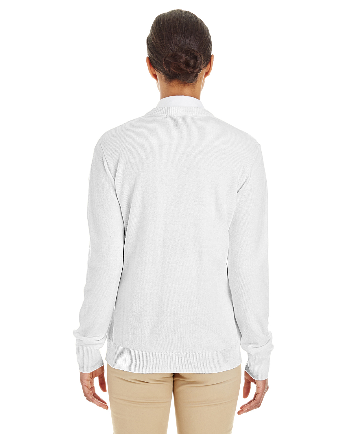 Am image of a Custom Harriton Ladies' Pilbloc™ V Neck Button Cardigan Sweater in White!