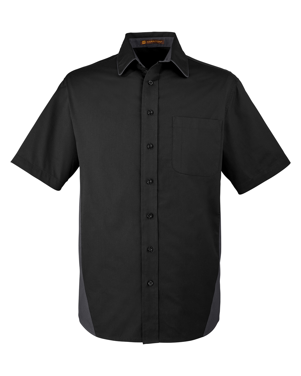 Am image of a Custom Harriton Men's Flash IL Colorblock Short Sleeve Shirt in Black/Drk Charcl!
