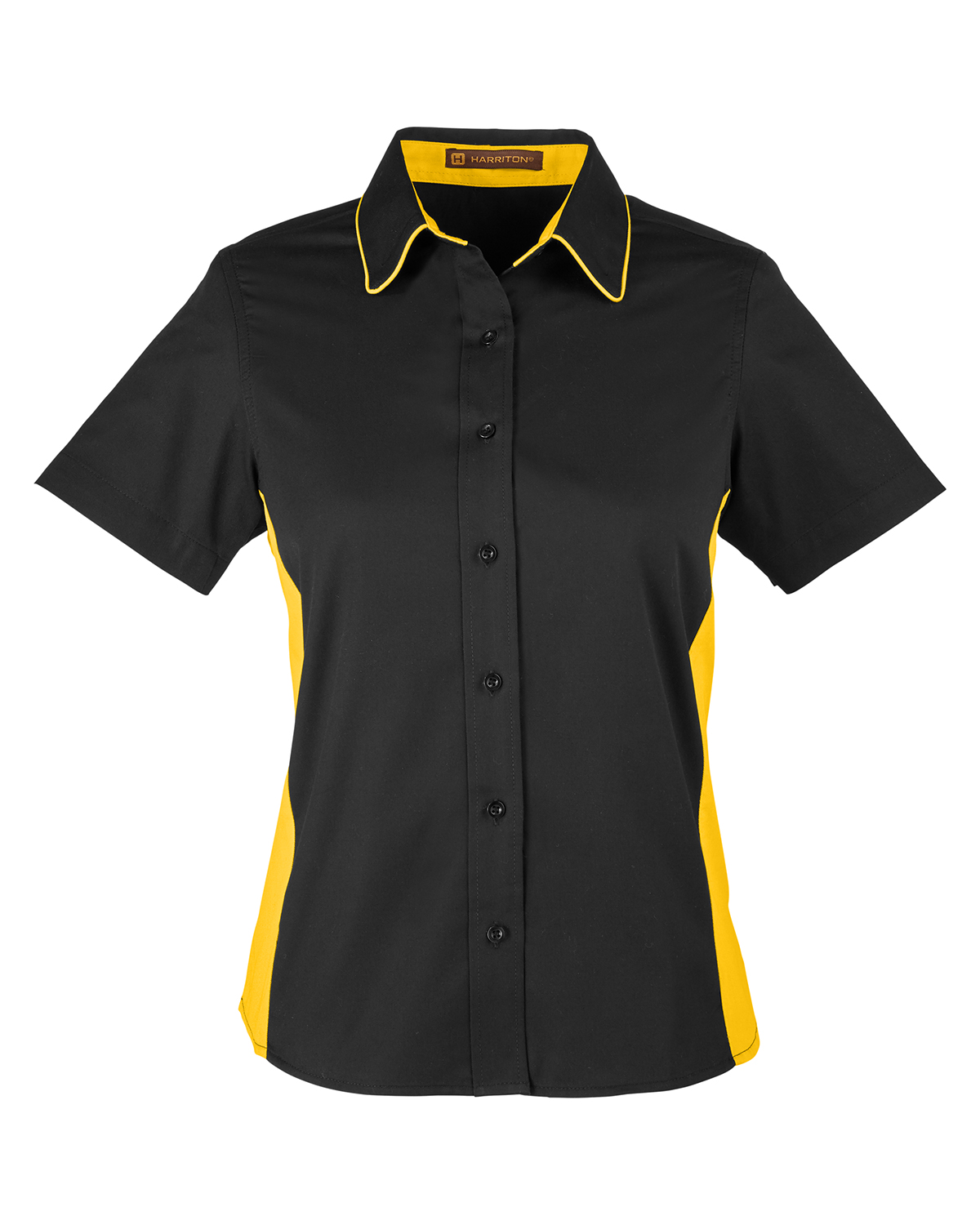 Harriton Ladies' Flash IL Colorblock Short Sleeve Shirt in Black/Snry Yllw