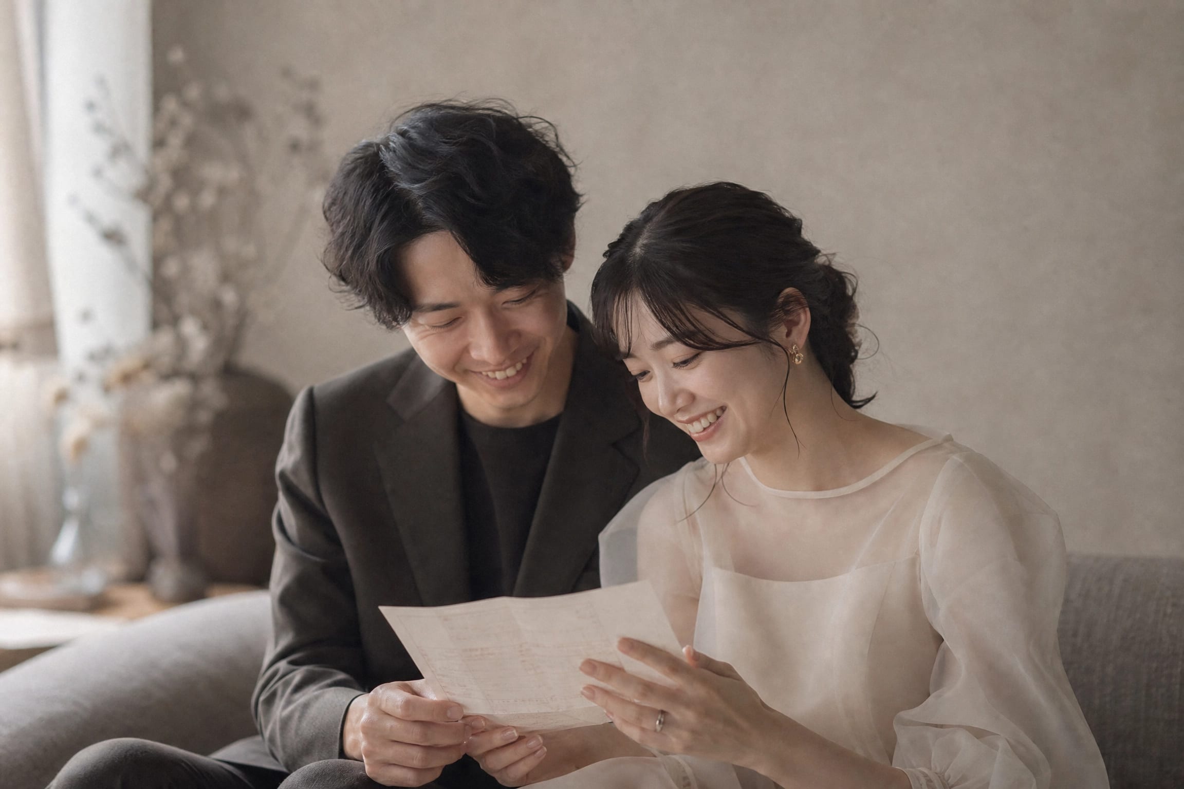 婚姻届を手に寄り添うふたりの入籍フォト