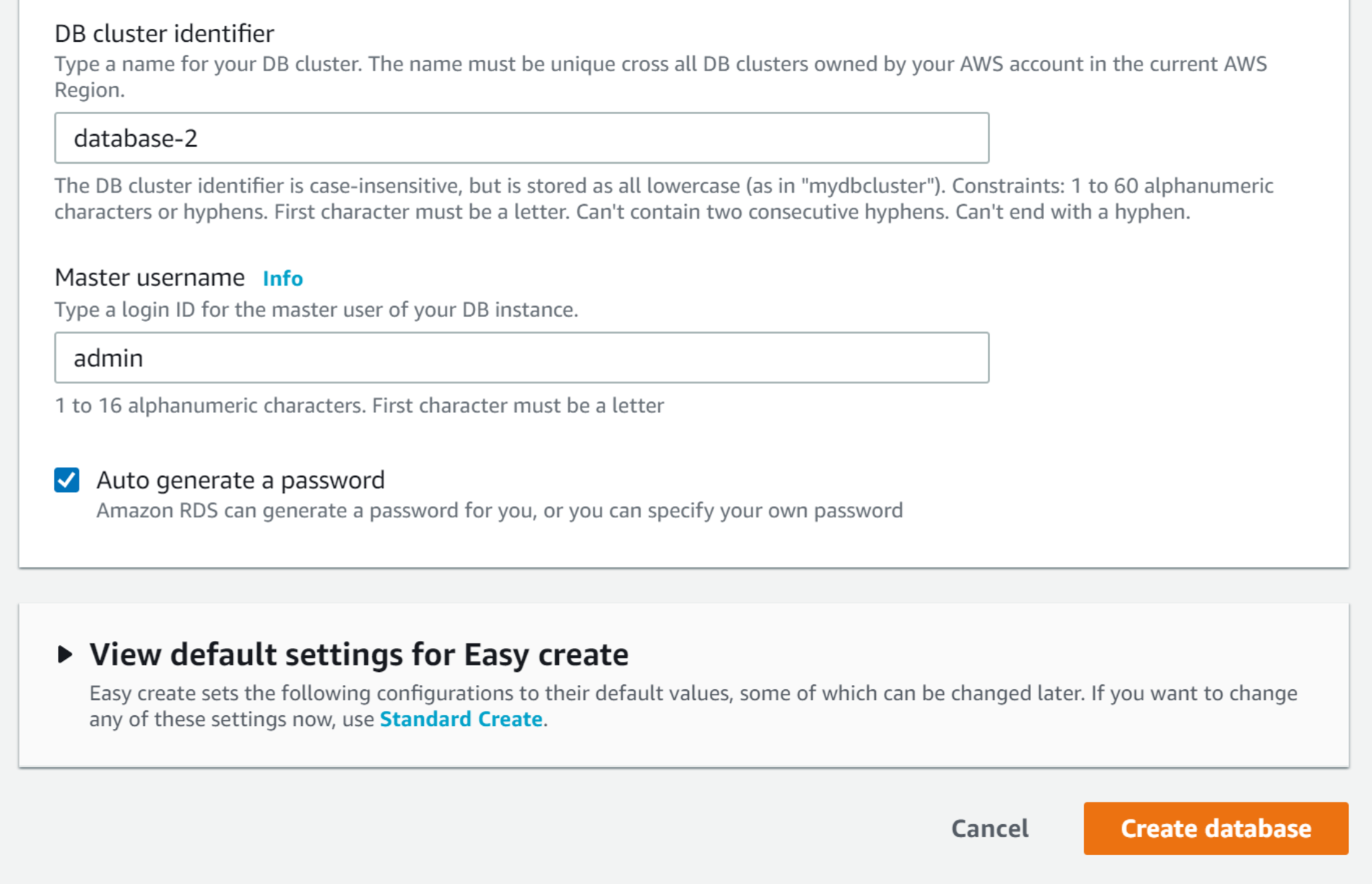 The create database screen with cluster options entered