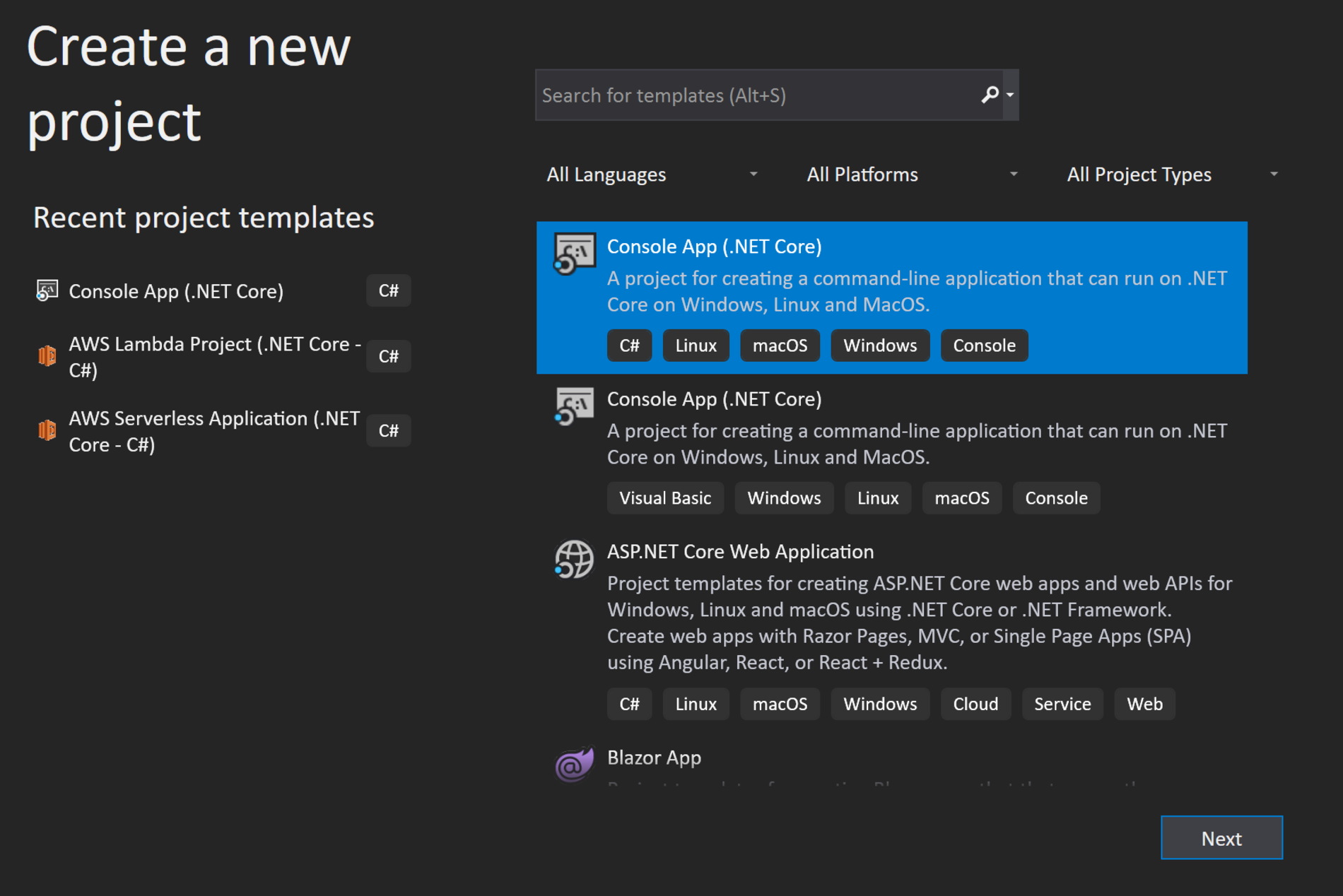 Create new project dialog in Visual Studio