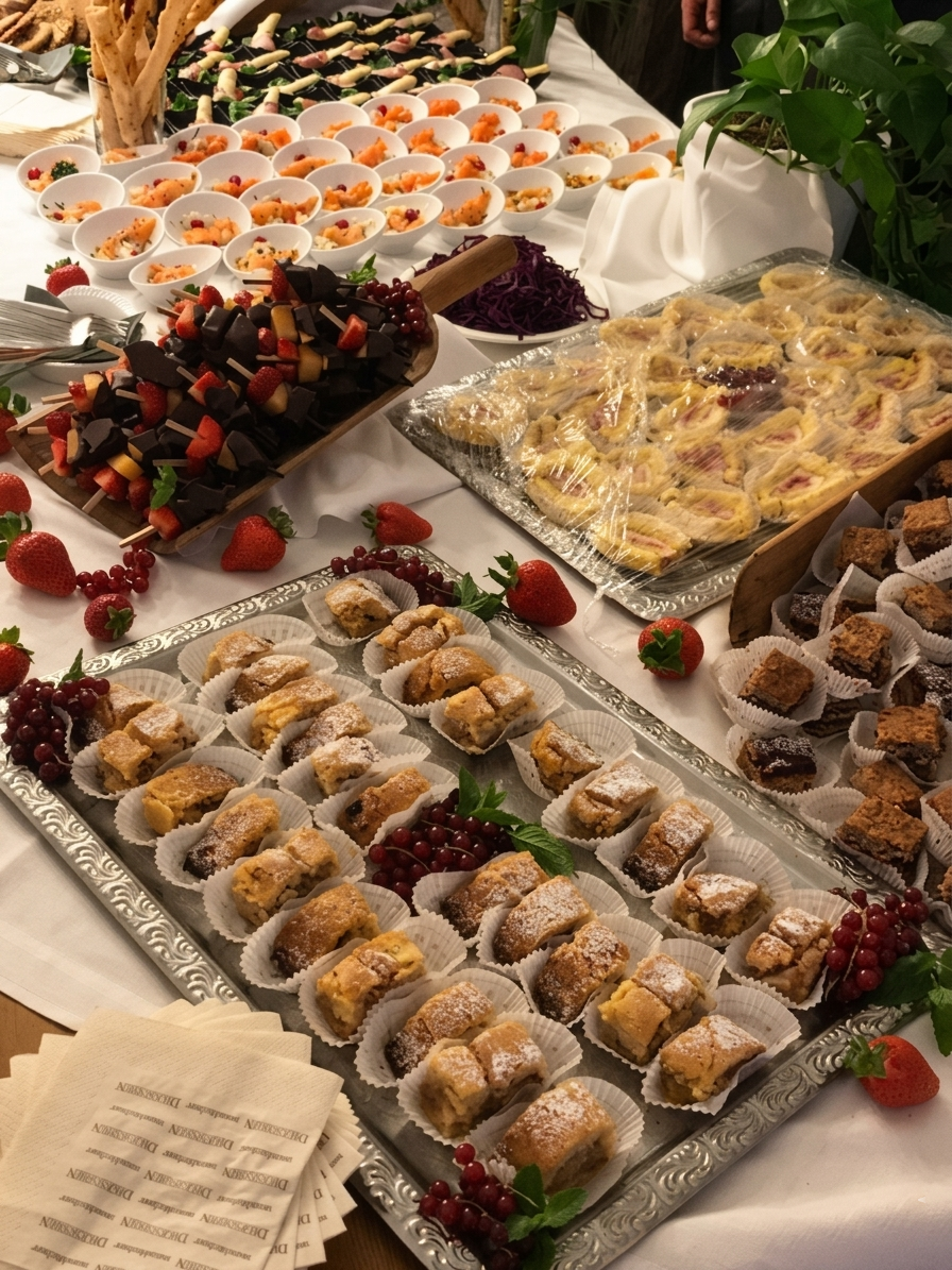 Buffet catering con insalate, verdure e piatti caldi
