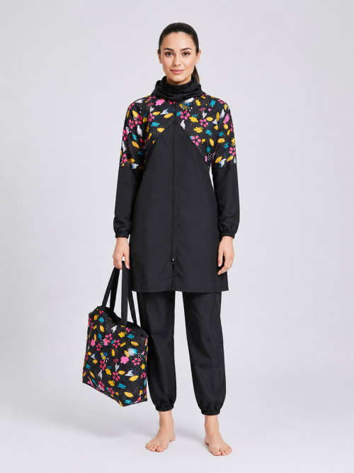 Burkini long zippé manches longues — noir camouflage