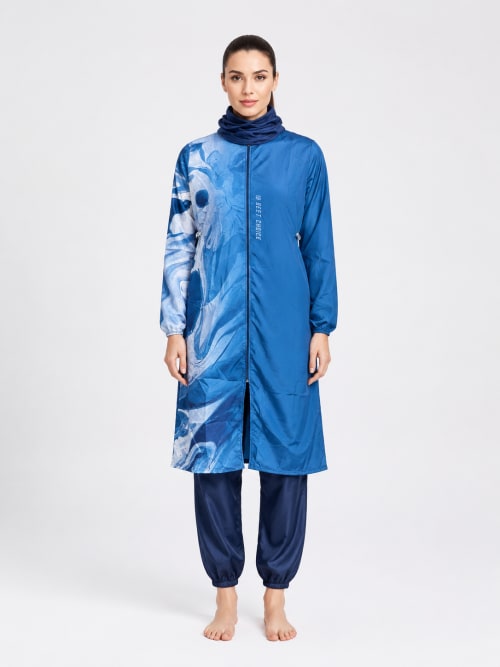 Burkini long zippé manches longues — marine imprimé