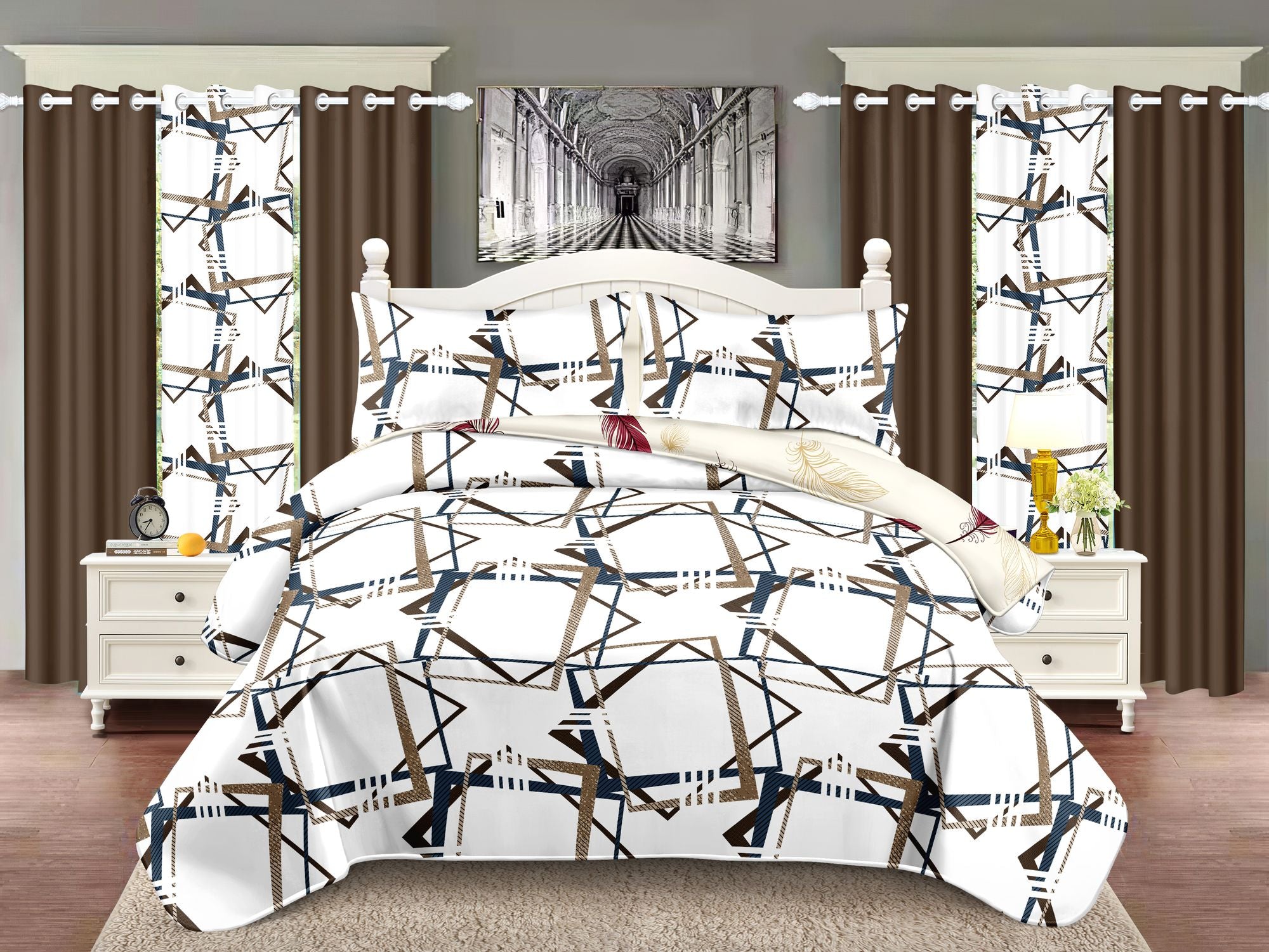 Queen 9-Piece Bedspread & Curtain Set — Geometric Diamond Print