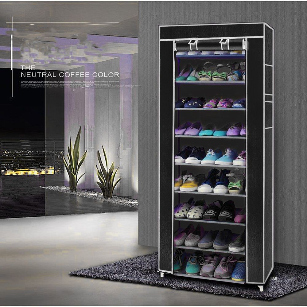 10-Tier Fabric Shoe Rack with Cover - Tall Shoe Storage Cabinet