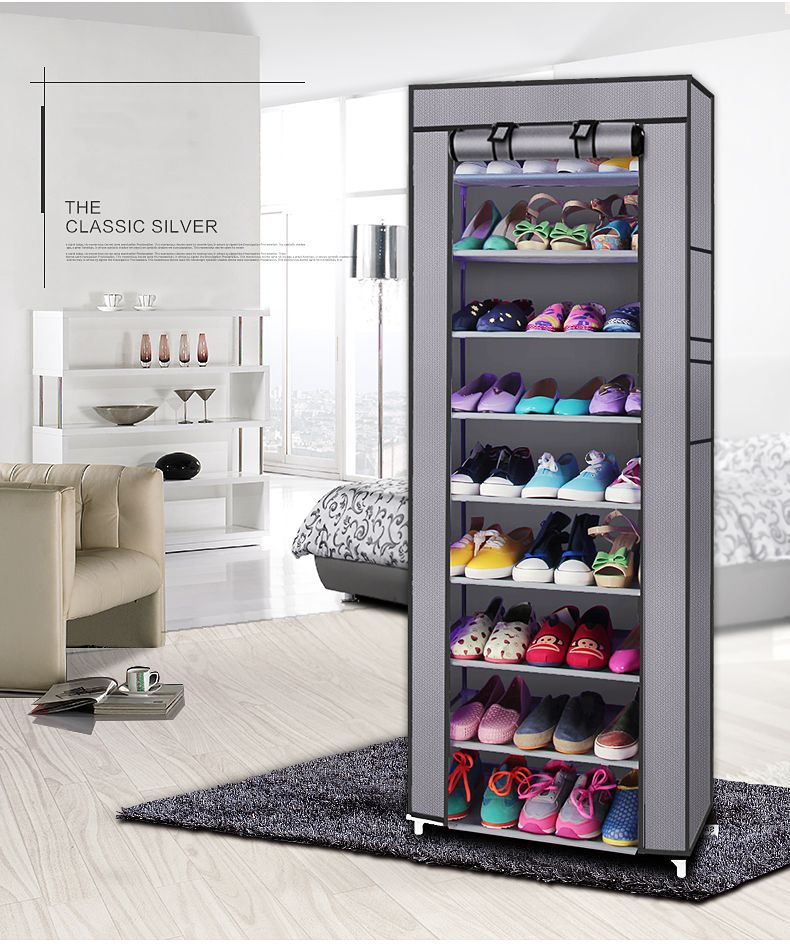 10-Tier Fabric Shoe Rack with Cover - Tall Shoe Storage Cabinet, view 2