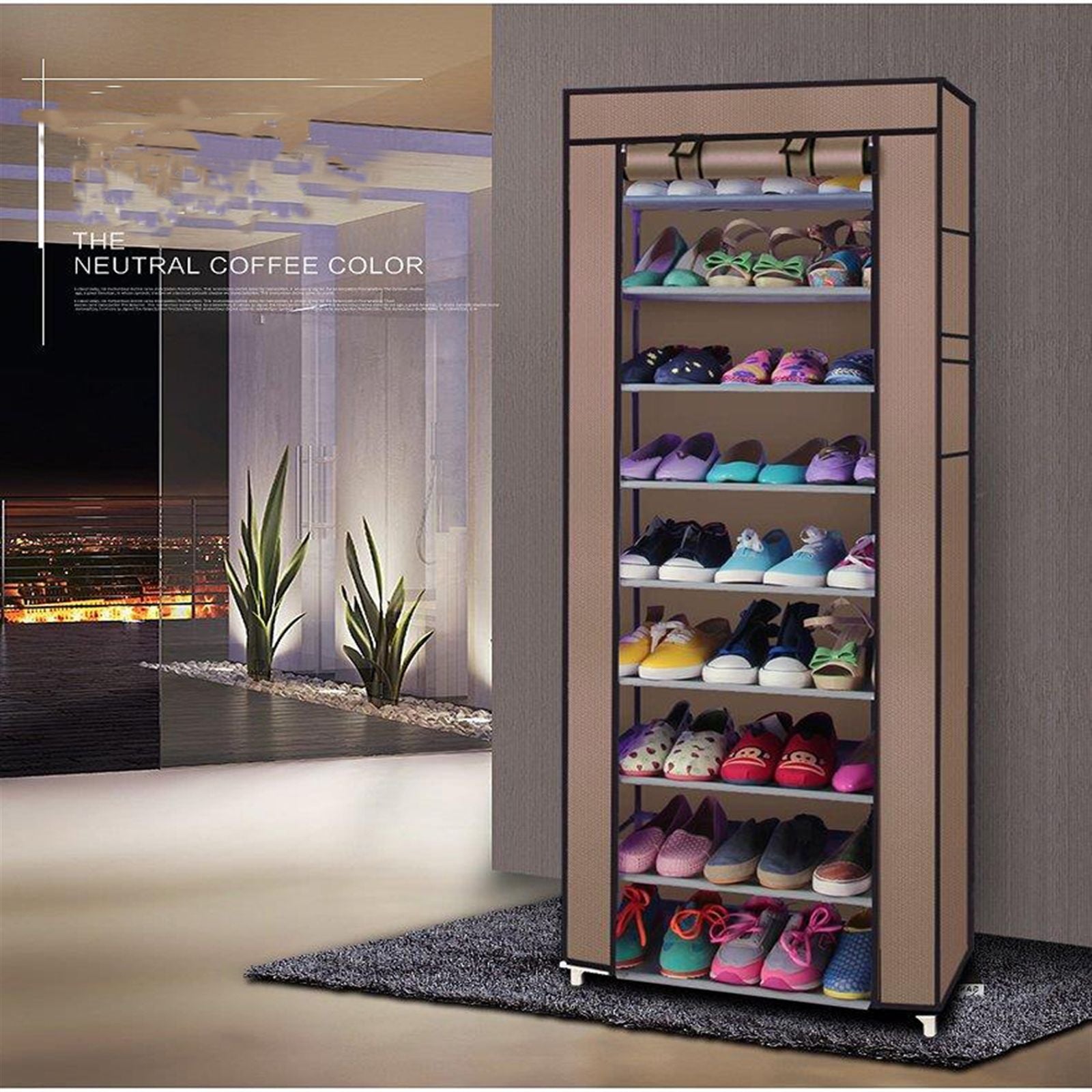 10-Tier Fabric Shoe Rack with Cover - Tall Shoe Storage Cabinet, view 3