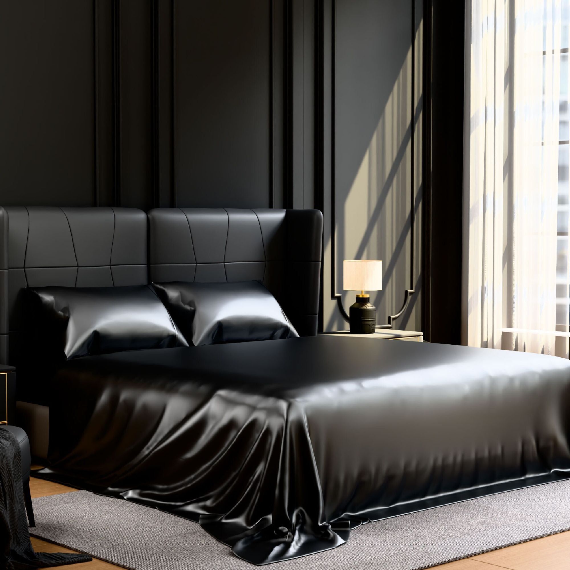 Black Satin King Sheet Set – 4-Piece Silky Bedding, 15" Deep Pocket, view 2