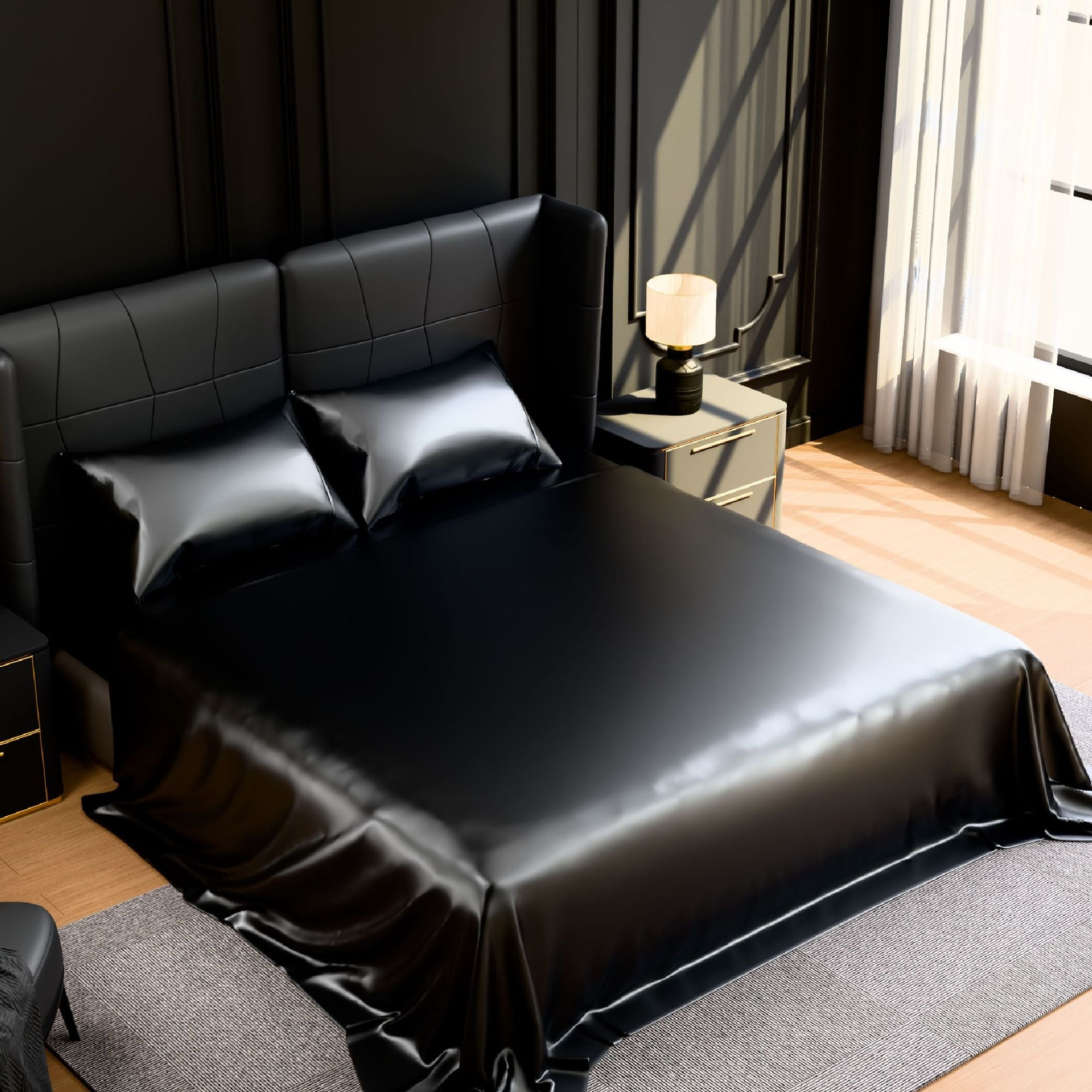Black Satin King Sheet Set – 4-Piece Silky Bedding, 15" Deep Pocket, view 3