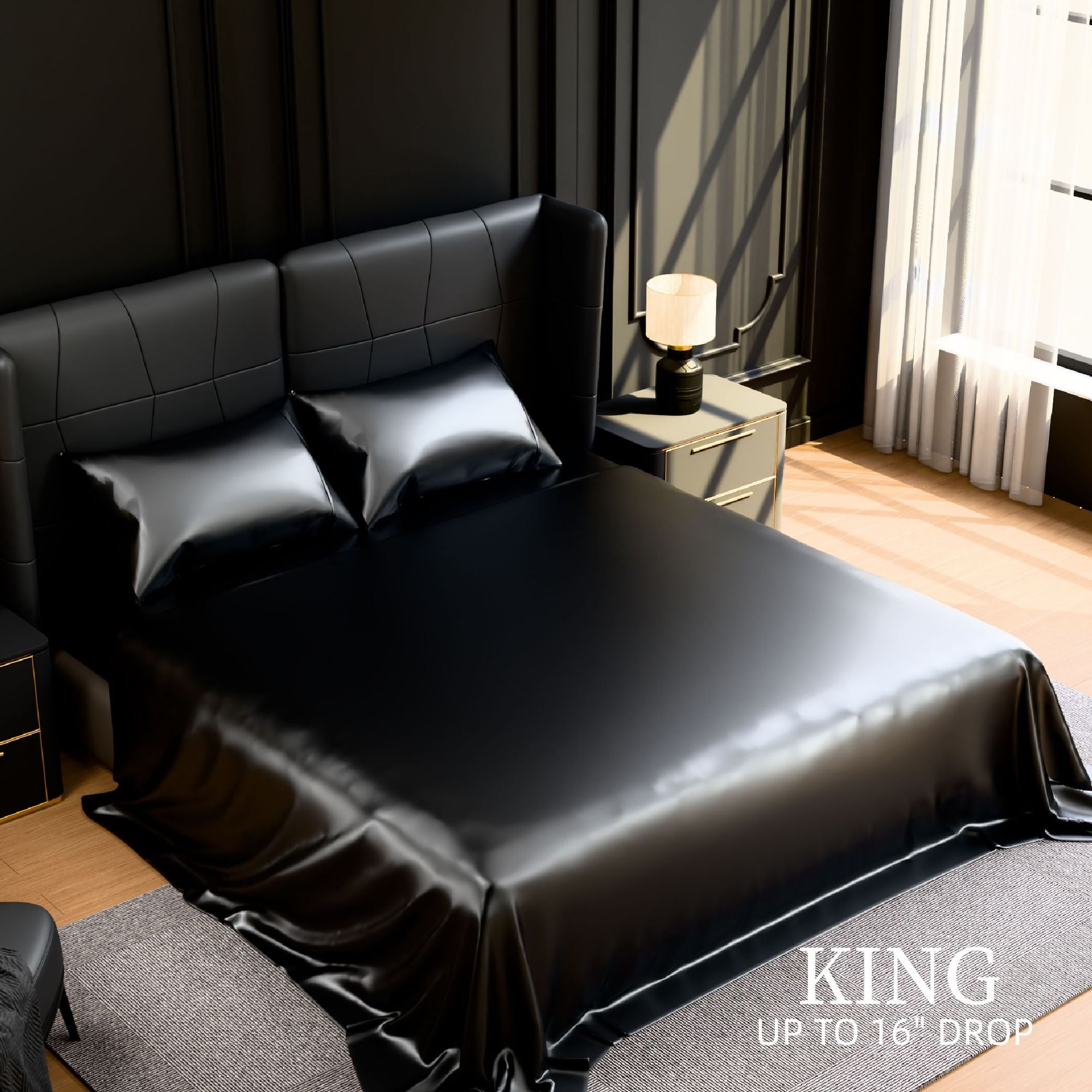 Black Satin King Sheet Set – 4-Piece Silky Bedding, 15" Deep Pocket, view 5