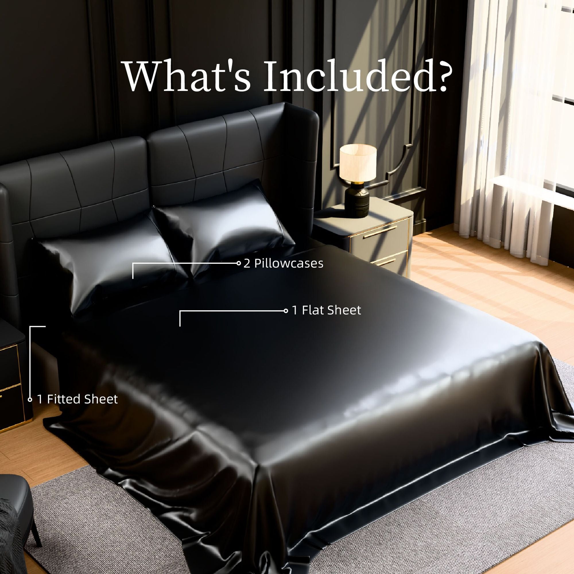 Black Satin King Sheet Set – 4-Piece Silky Bedding, 15" Deep Pocket, view 8