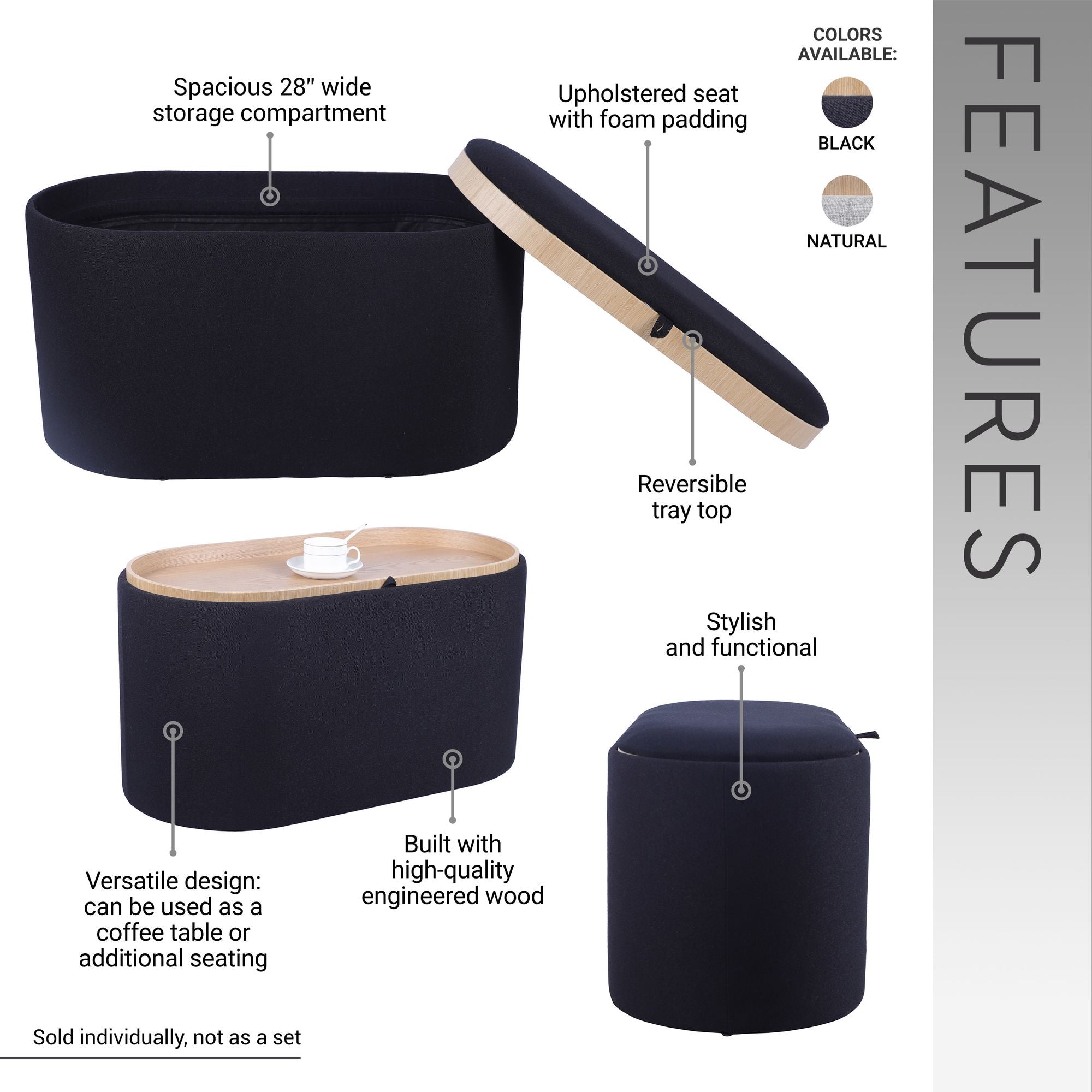 Storage Ottoman with Reversible Wooden Tray Top, Black, view 3