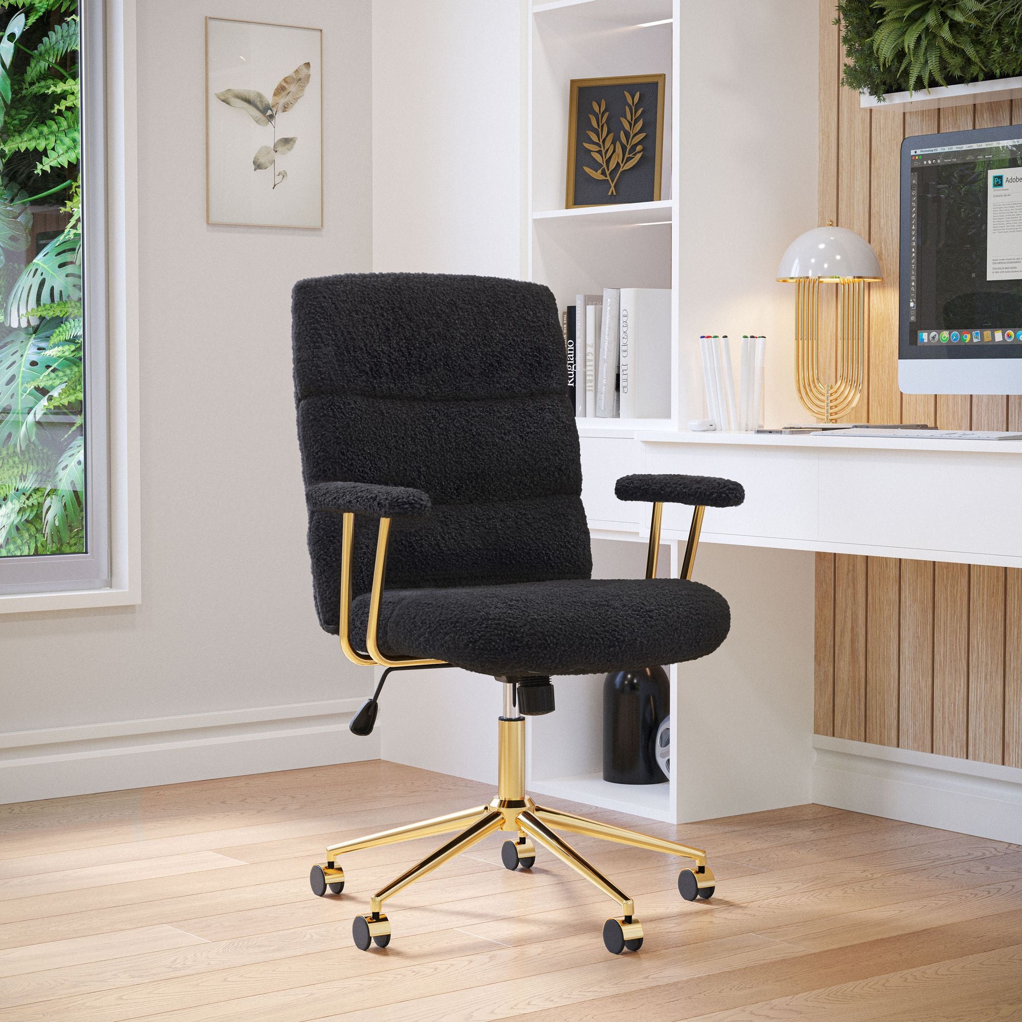 Black Boucle Office Chair with Gold Base and Padded Arms