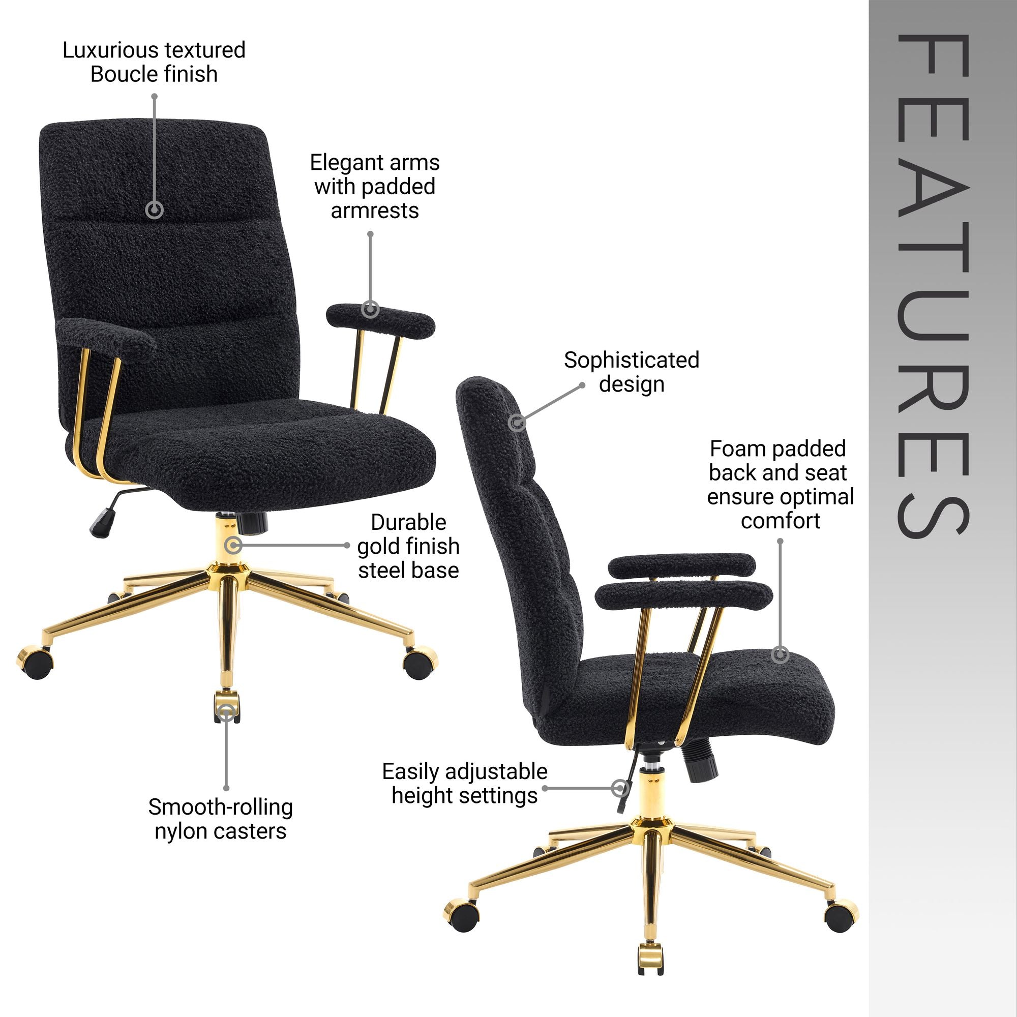 Black Boucle Office Chair with Gold Base and Padded Arms, view 3