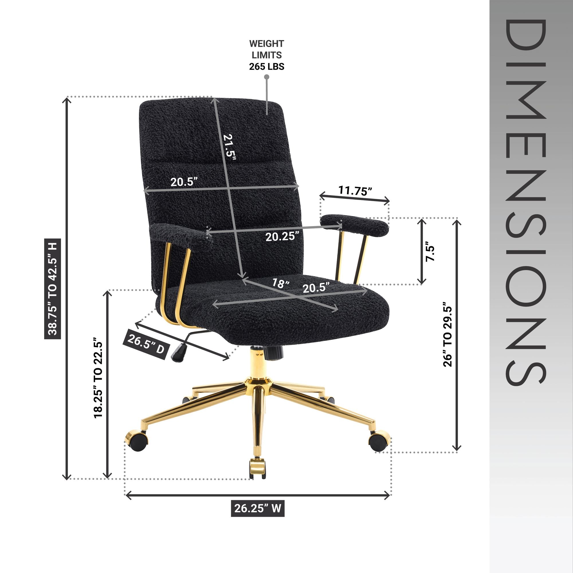 Black Boucle Office Chair with Gold Base and Padded Arms, view 4