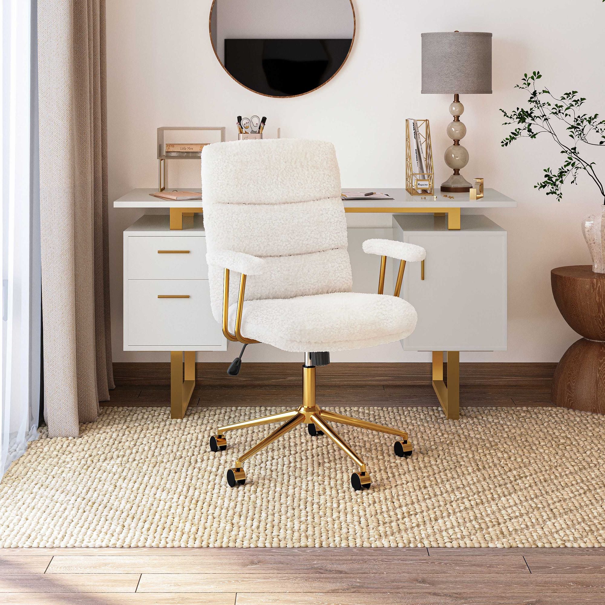 White Boucle Office Chair with Gold Base and Padded Arms