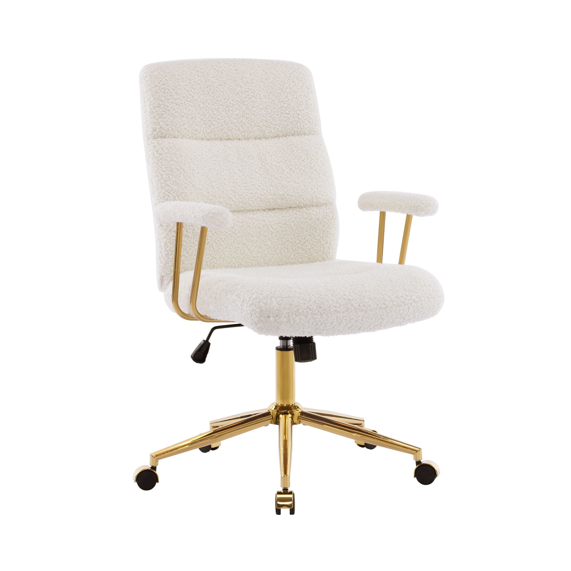 White Boucle Office Chair with Gold Base and Padded Arms, view 2