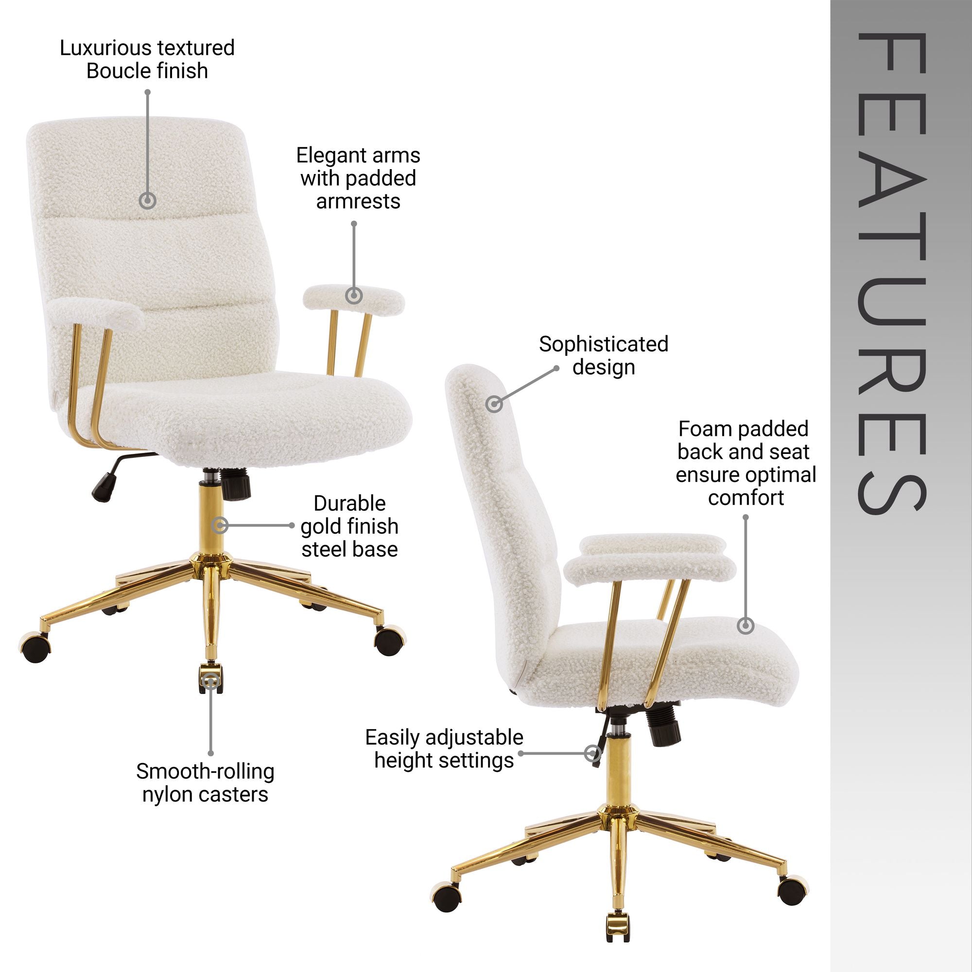 White Boucle Office Chair with Gold Base and Padded Arms, view 3