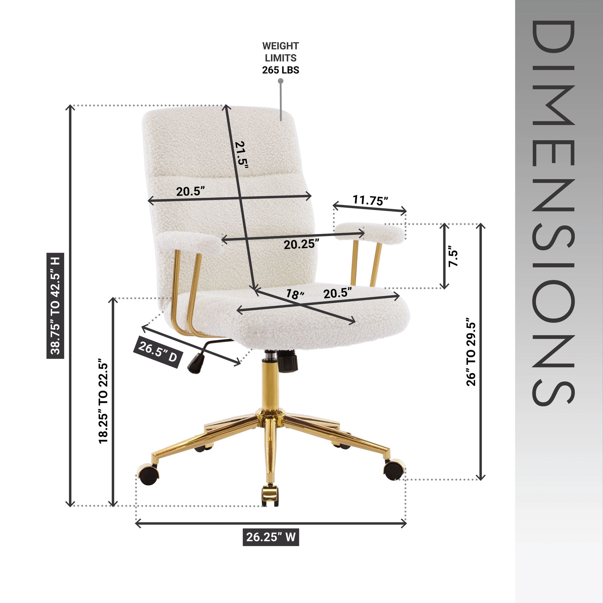 White Boucle Office Chair with Gold Base and Padded Arms, view 4