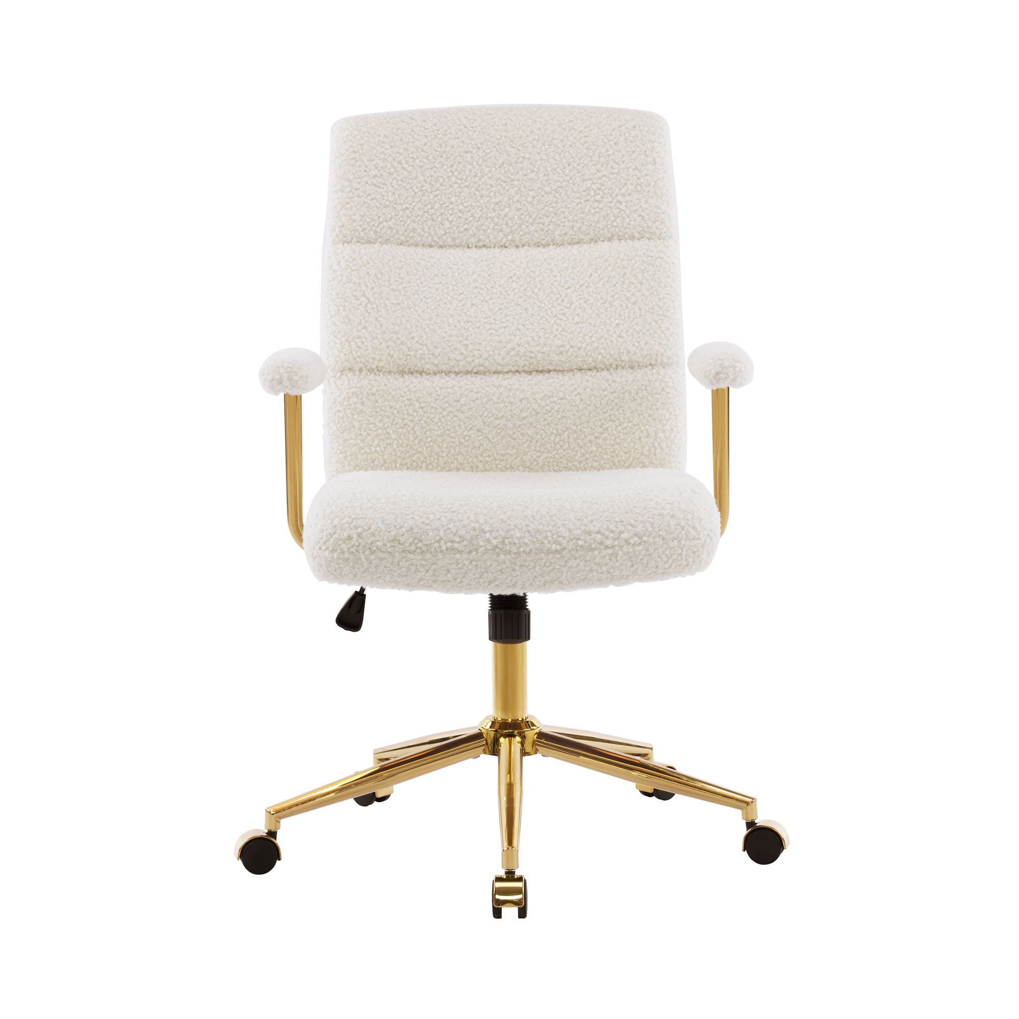 White Boucle Office Chair with Gold Base and Padded Arms, view 5