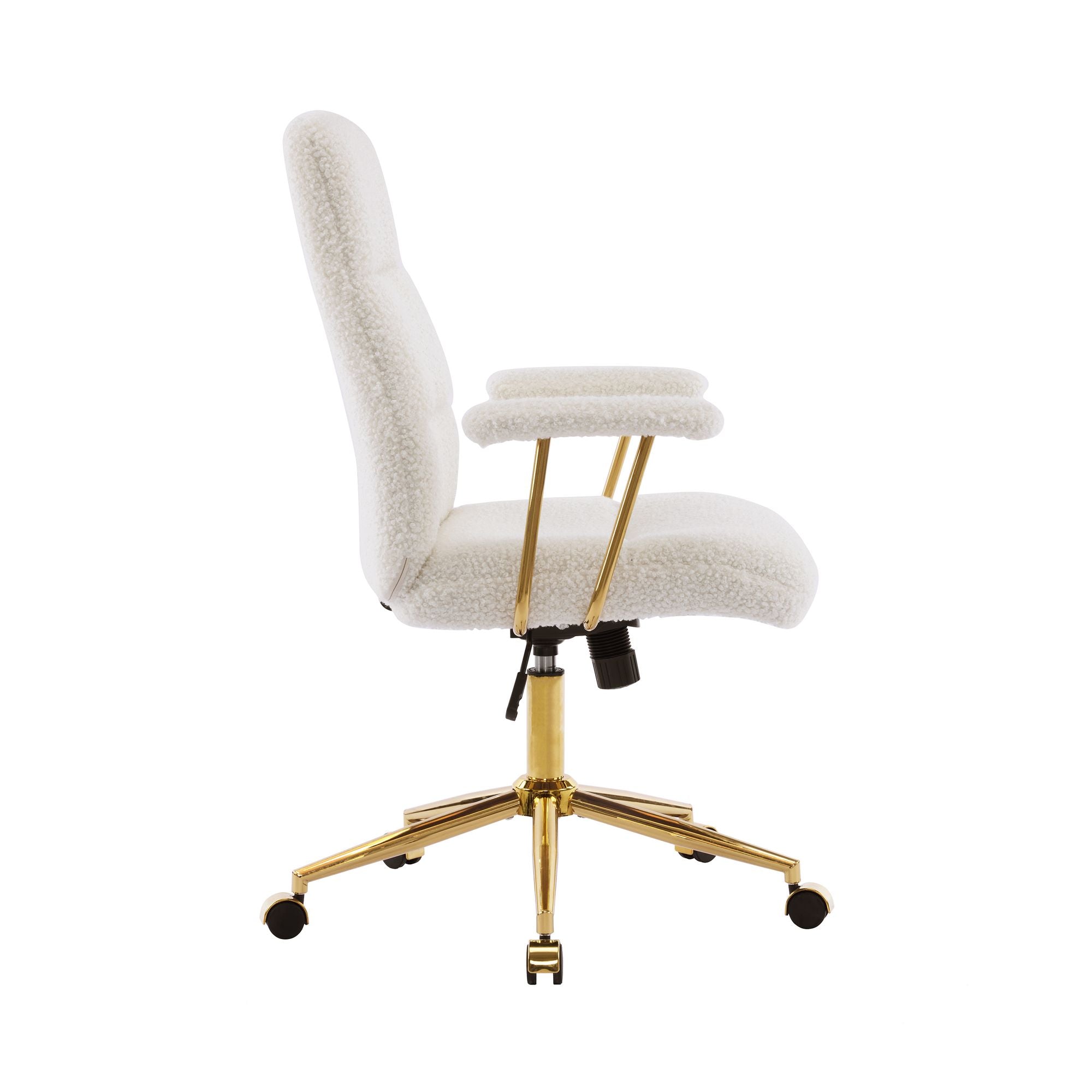White Boucle Office Chair with Gold Base and Padded Arms, view 6