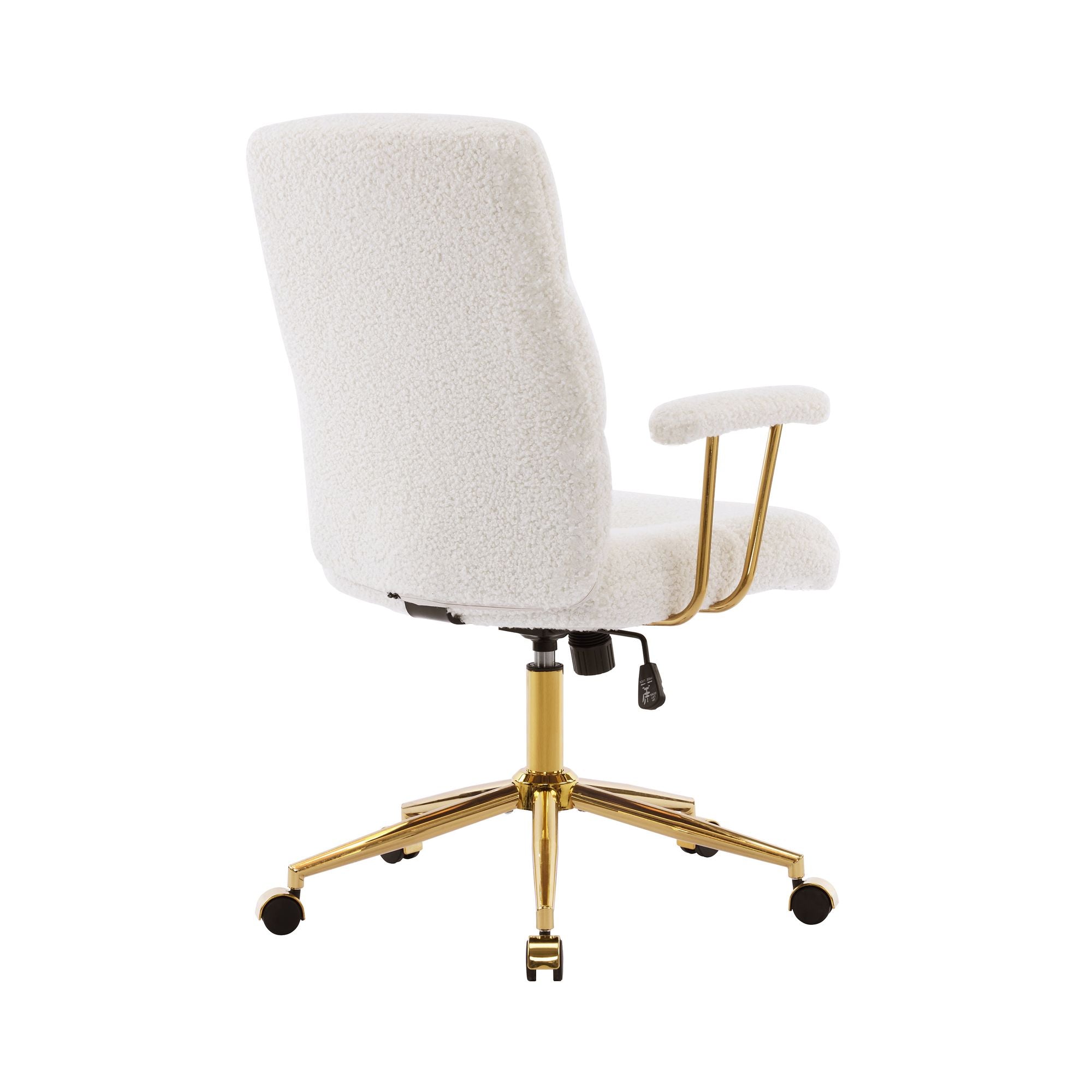 White Boucle Office Chair with Gold Base and Padded Arms, view 7