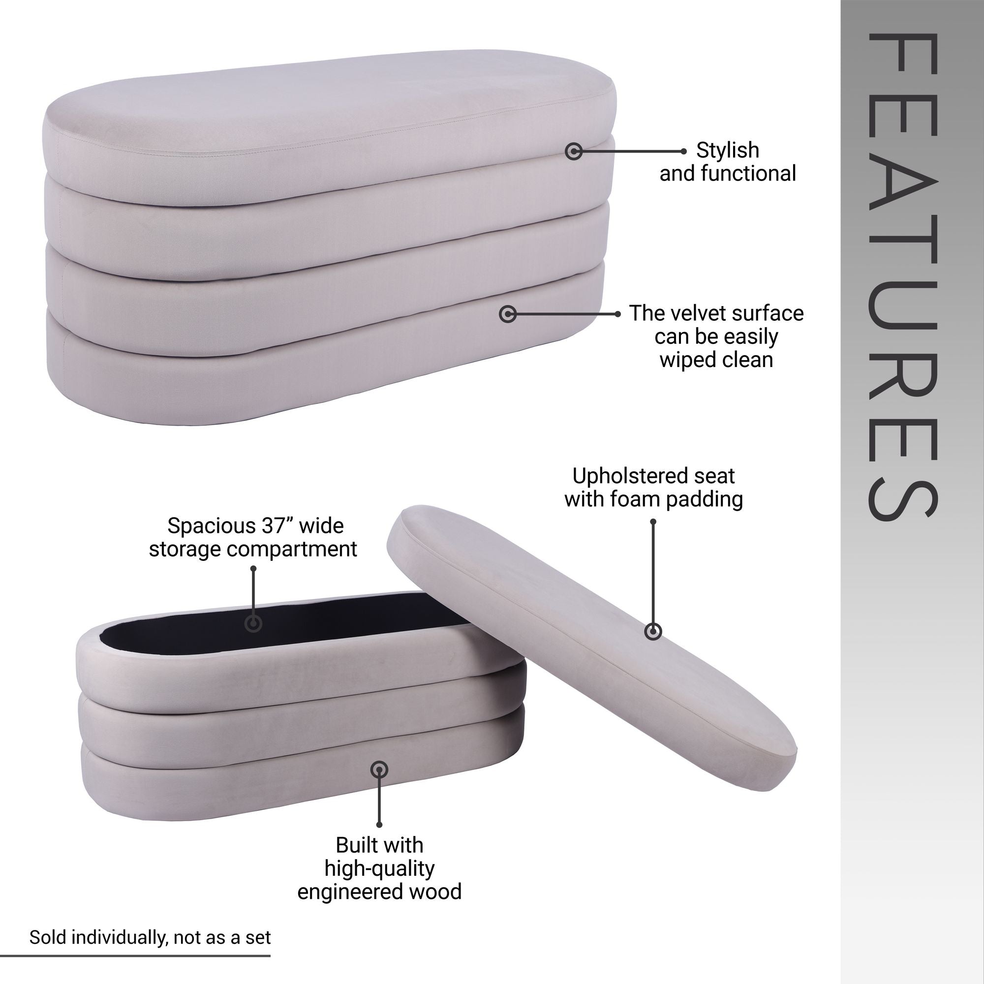 Taupe Velvet Storage Ottoman Bench with 37-Inch Compartment, view 3