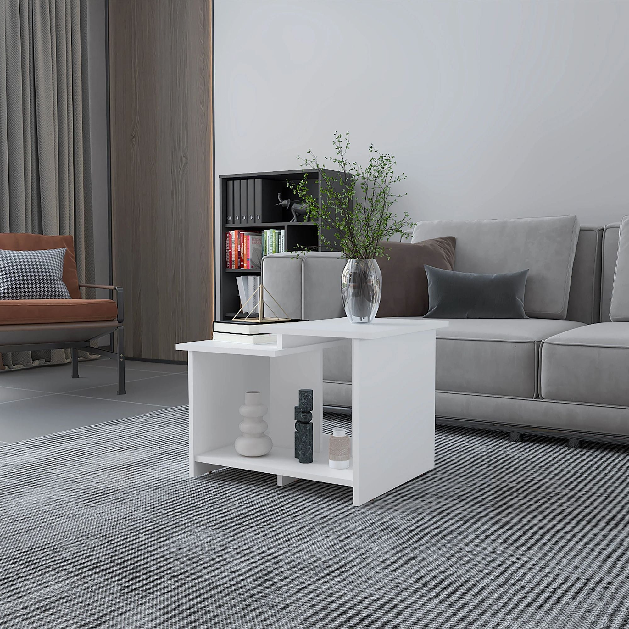 White Coffee Table with Split-Level Open Storage Shelf