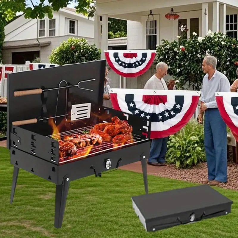 "Camping Charcoal Grill – Thickened Steel Folding BBQ with Tool Storage – Backpack Friendly"