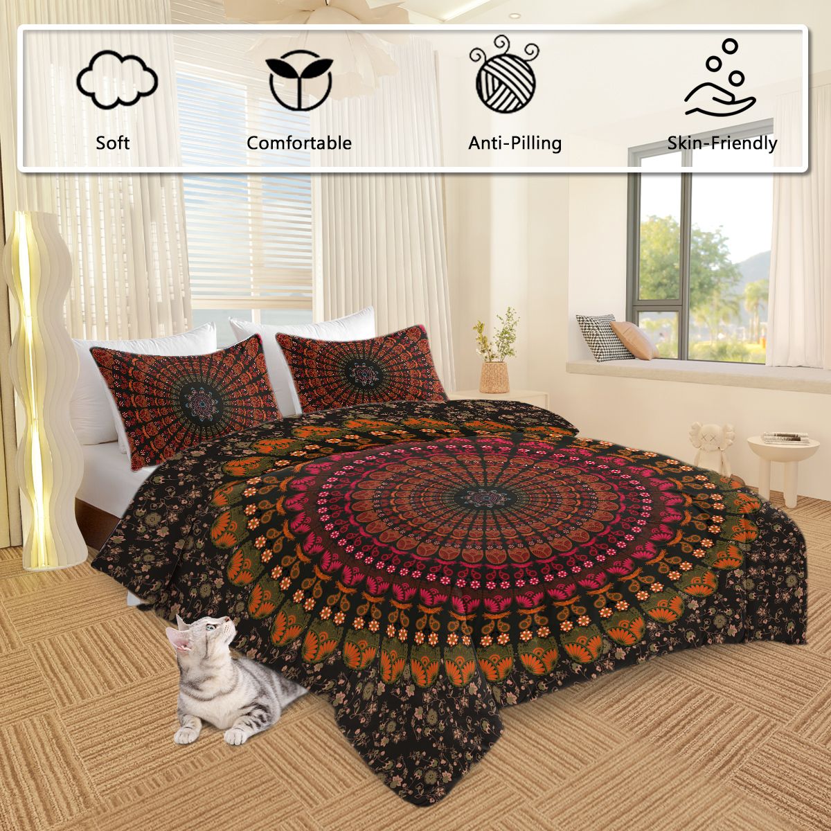 Bohemian Mandala Duvet Cover Set — 3-Piece Boho Bedding with Shams, view 4