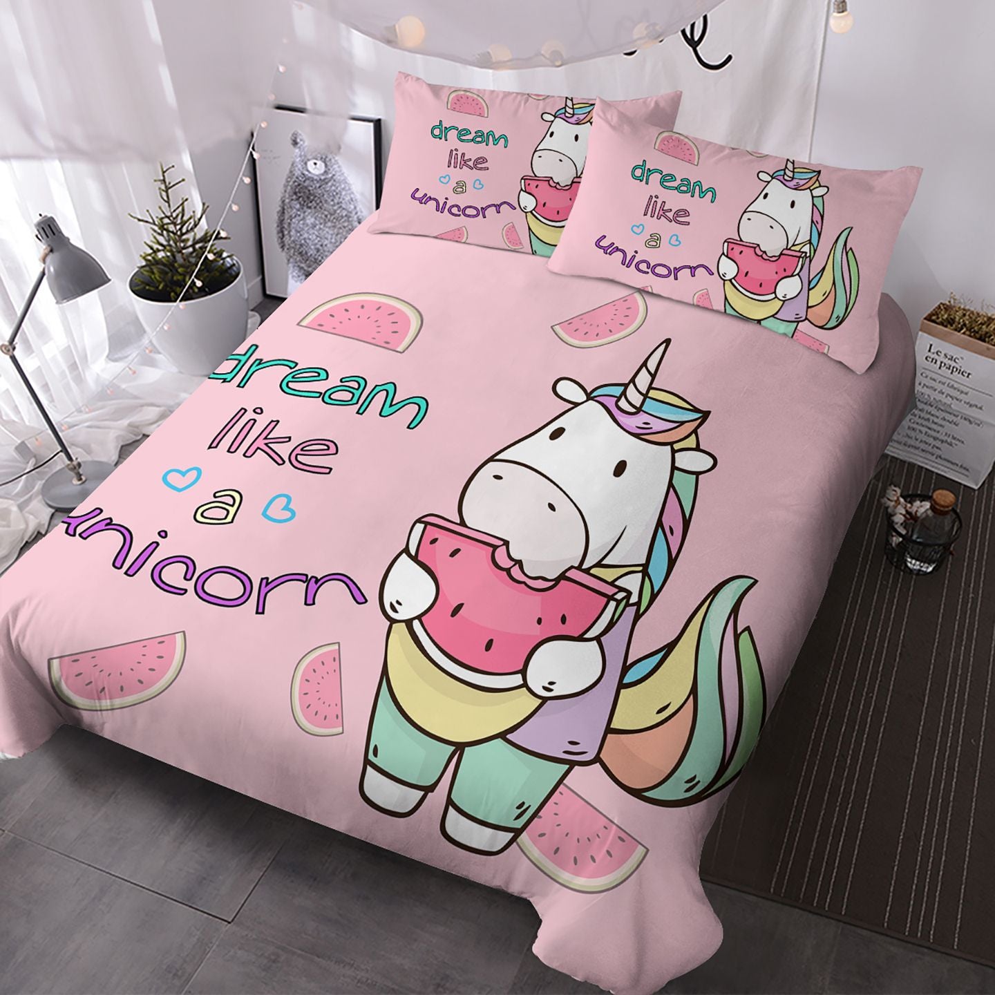 3pcs Pink Unicorn Bedding Set for Girls, Cute Cartoon Unicorn Eating Watermelon Bedding Set, "Dream Like a Unicorn" Kids Bedding with Pillowcases, Magical Rainbow Unicorn Bedroom Decor