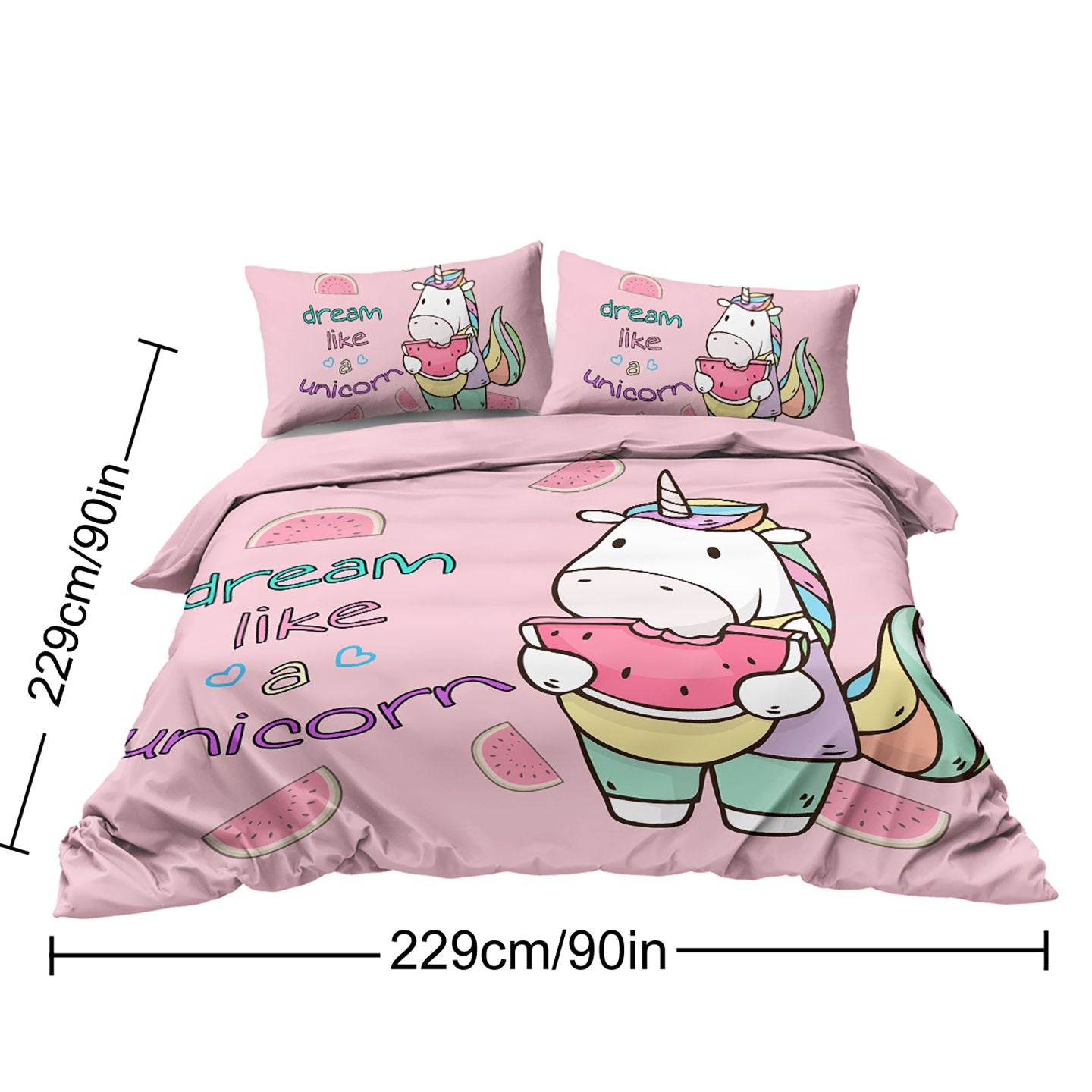 Pink Unicorn 3-Piece Duvet Cover Set for Girls, Watermelon Print, view 2