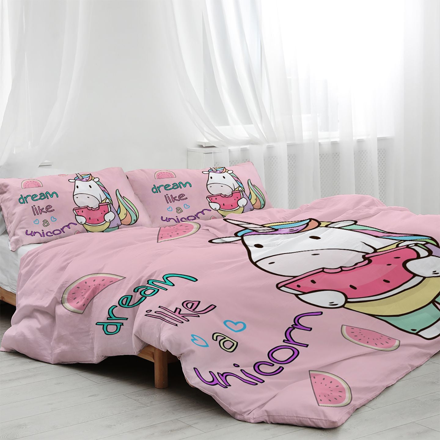Pink Unicorn 3-Piece Duvet Cover Set for Girls, Watermelon Print, view 3