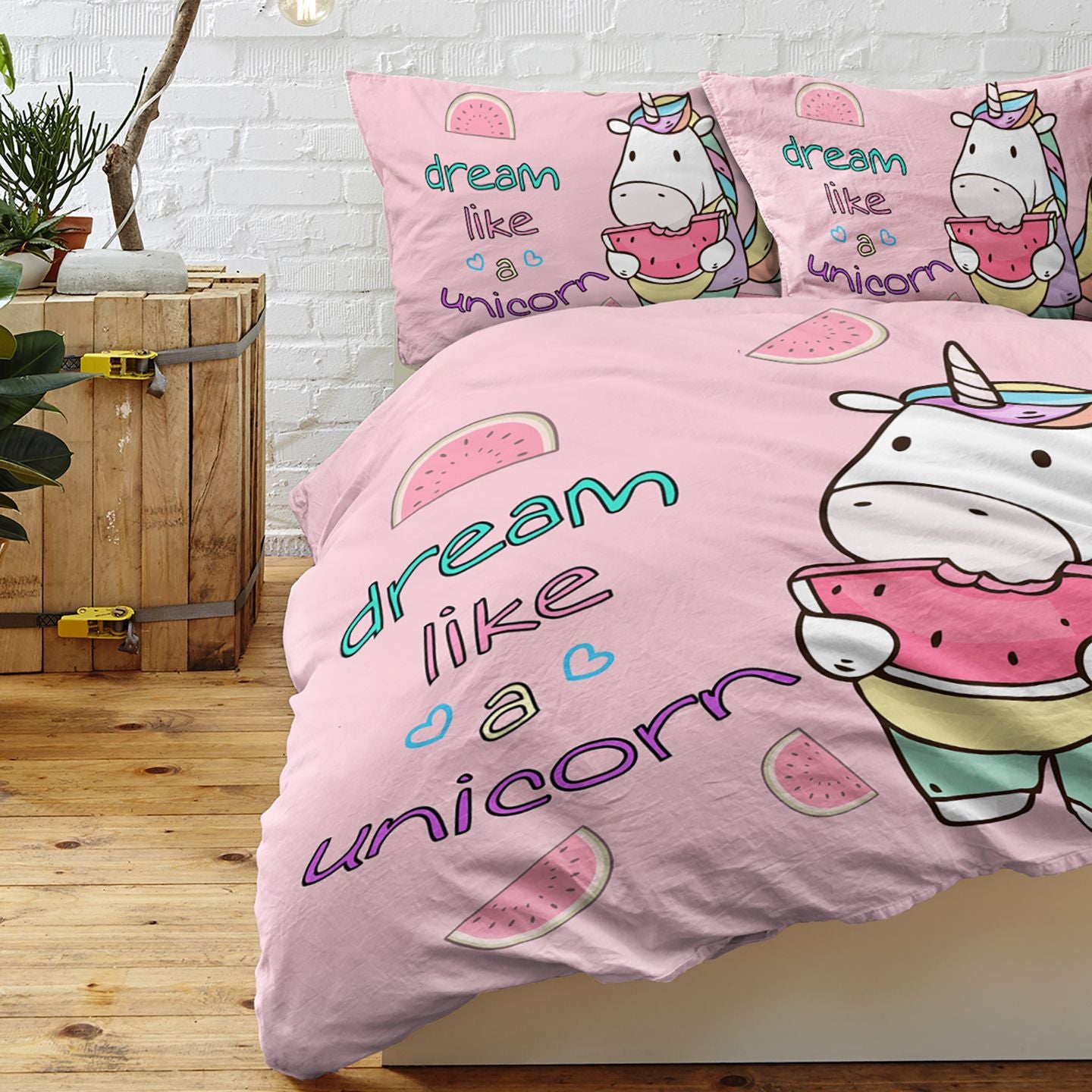 Pink Unicorn 3-Piece Duvet Cover Set for Girls, Watermelon Print, view 4