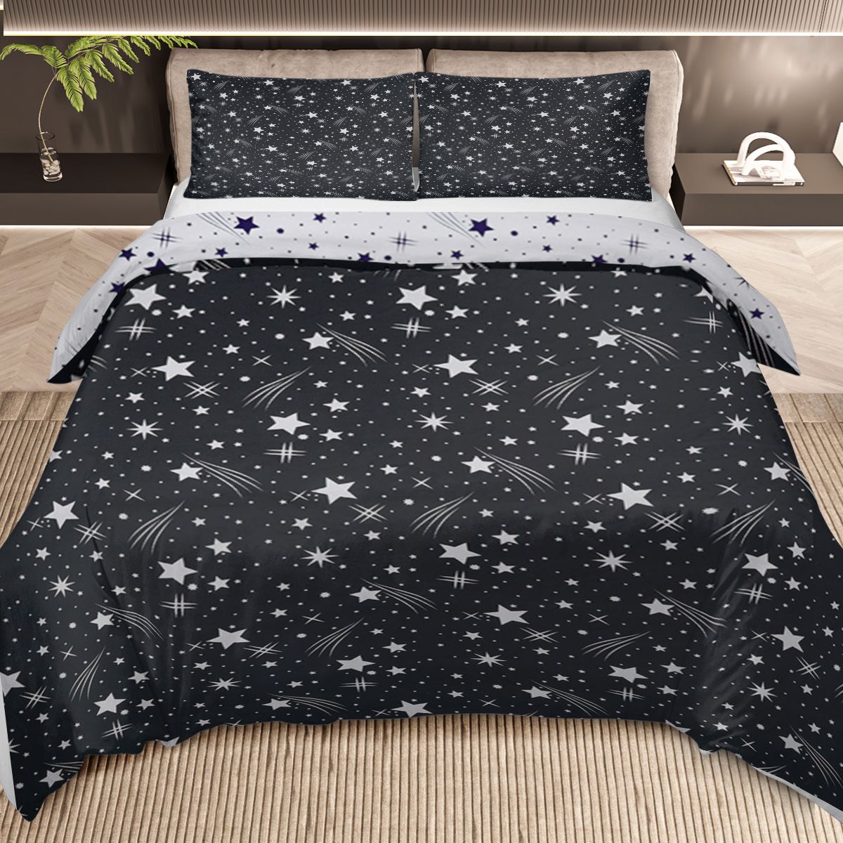 3pcs Black Starry Sky Duvet Cover Set, Galaxy & Meteor Print Bedding, Soft Microfiber for Kids & Adults