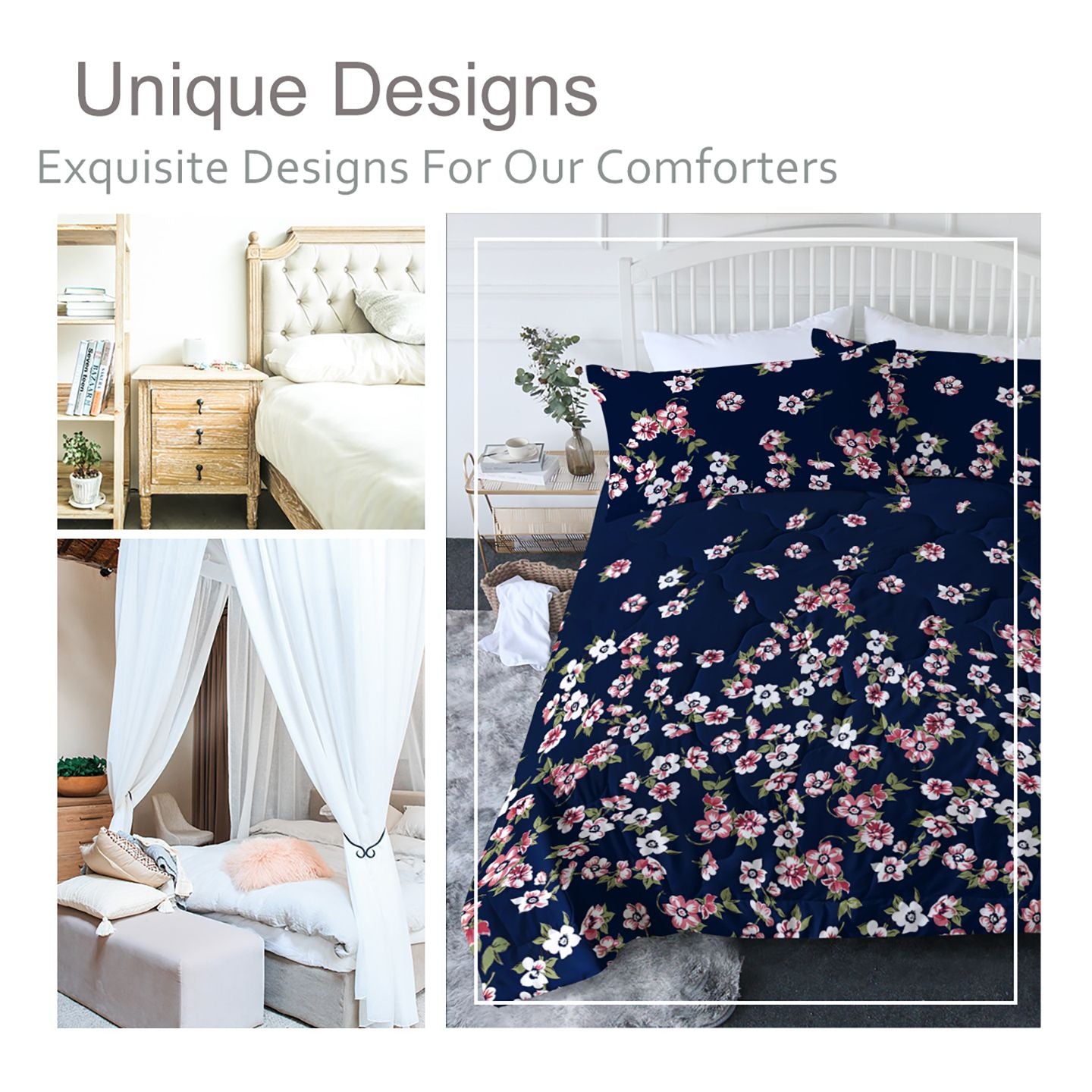 Dark Blue Floral Comforter Set — 3-Piece Microfiber Bedding with Pillowcases, view 3