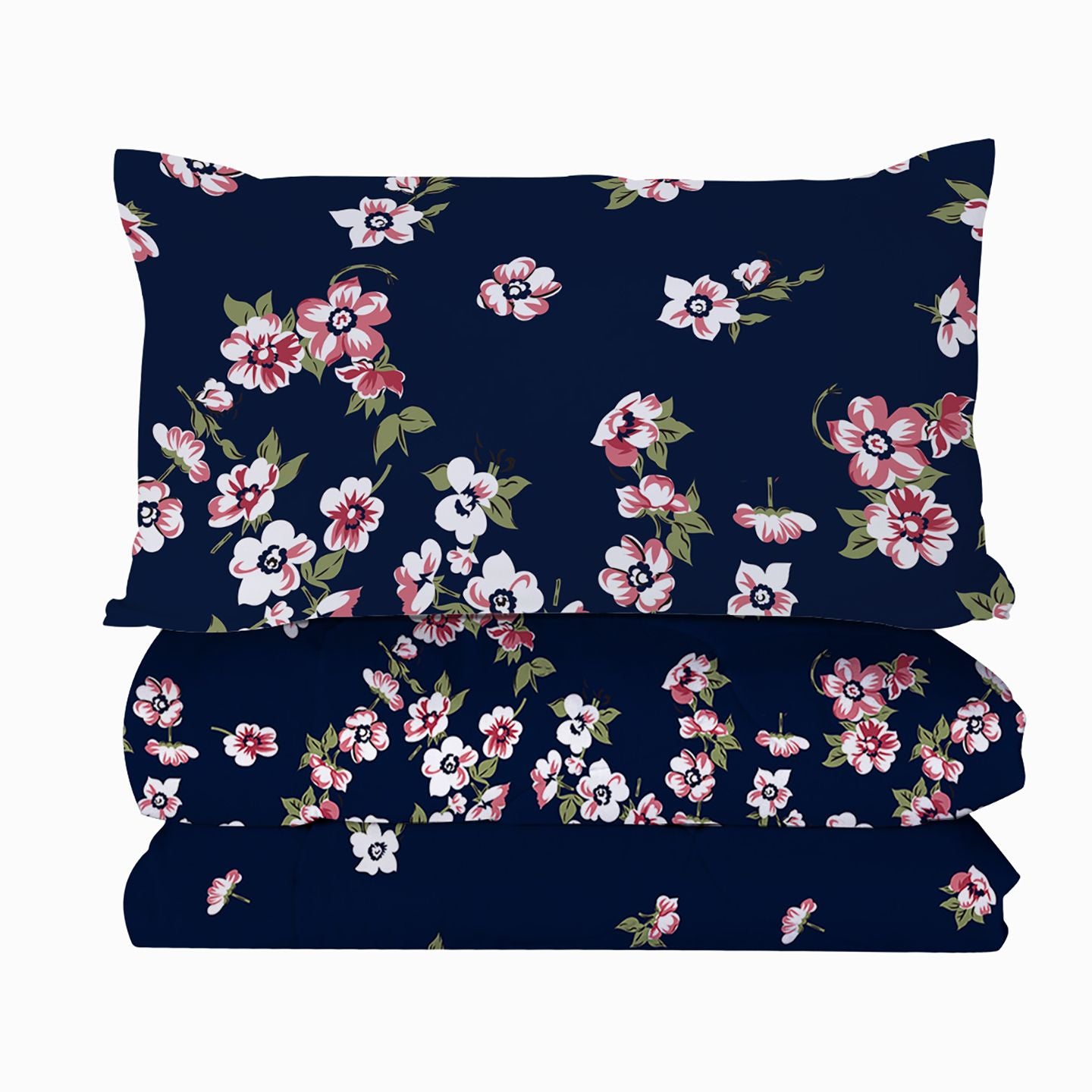 Dark Blue Floral Comforter Set — 3-Piece Microfiber Bedding with Pillowcases, view 4
