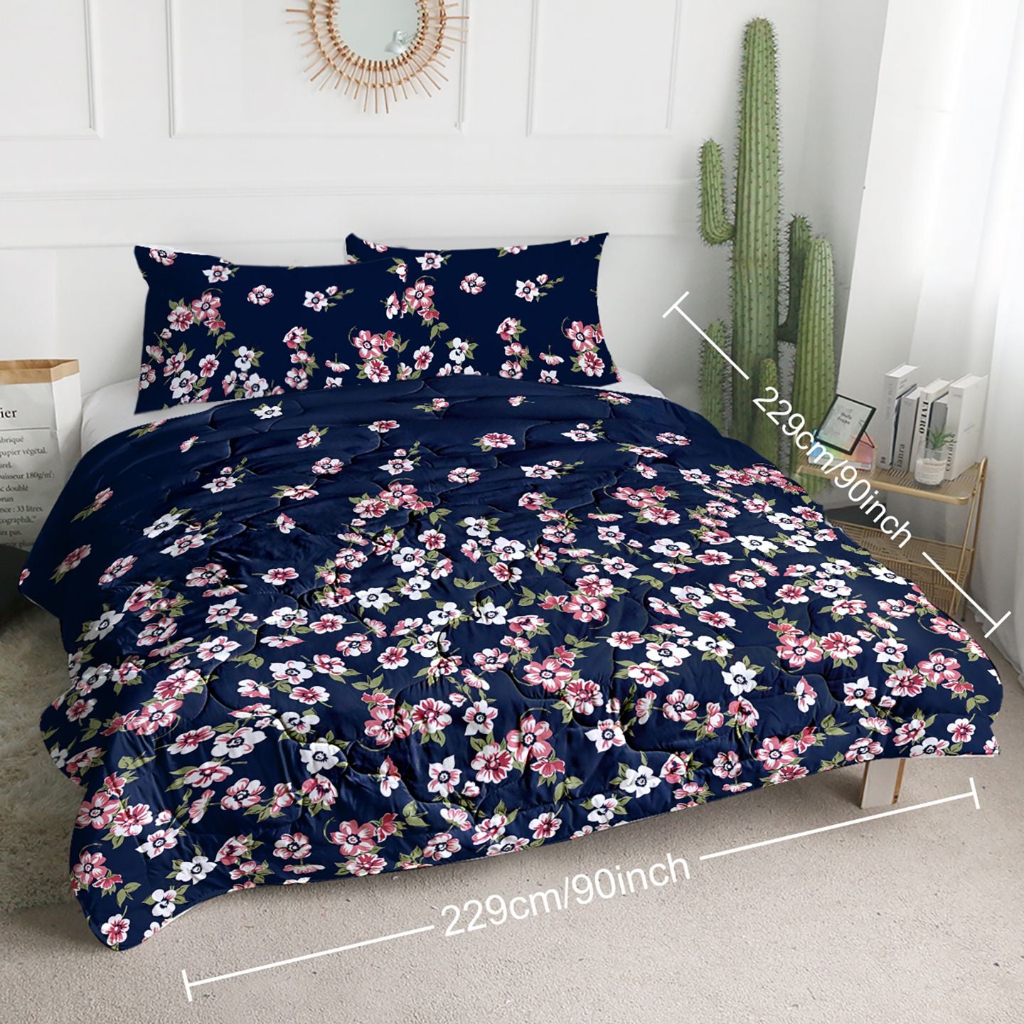 Dark Blue Floral Comforter Set — 3-Piece Microfiber Bedding with Pillowcases, view 5
