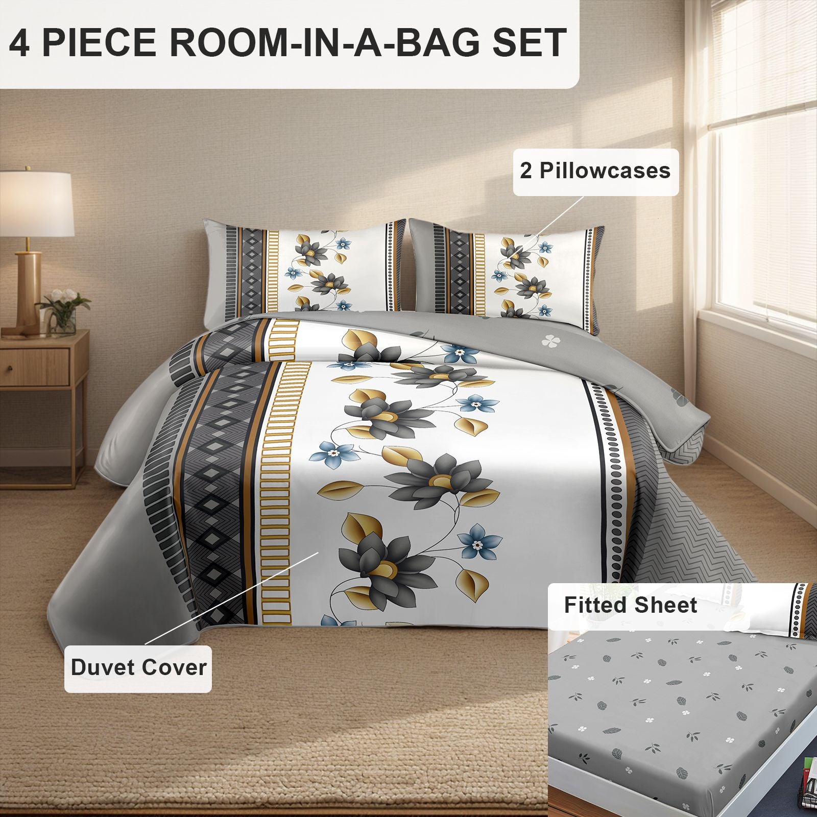 4 Piece Soft All-Season Washed Microfiber Cover Set , Queen/King/Calking Bedding Set With Zipper Closure, Sheet, Pillowcases,Print, Moisture-Wicking,  Soft ,Cooling, Breathable, Easy Care
