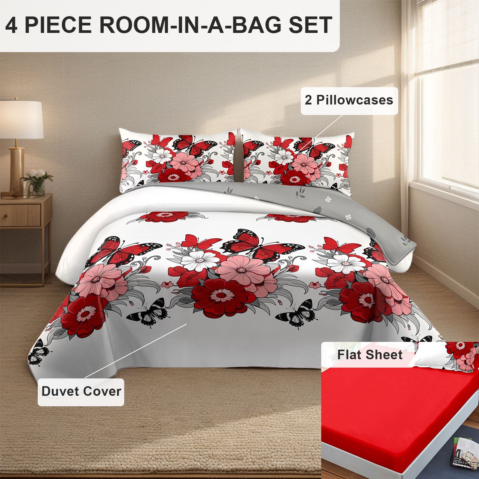 4-Piece Red Butterfly Floral Bedding Set (Queen/King/Cal King) - Microfiber Duvet Cover + Pillow Shams + Fitted Bed Sheet